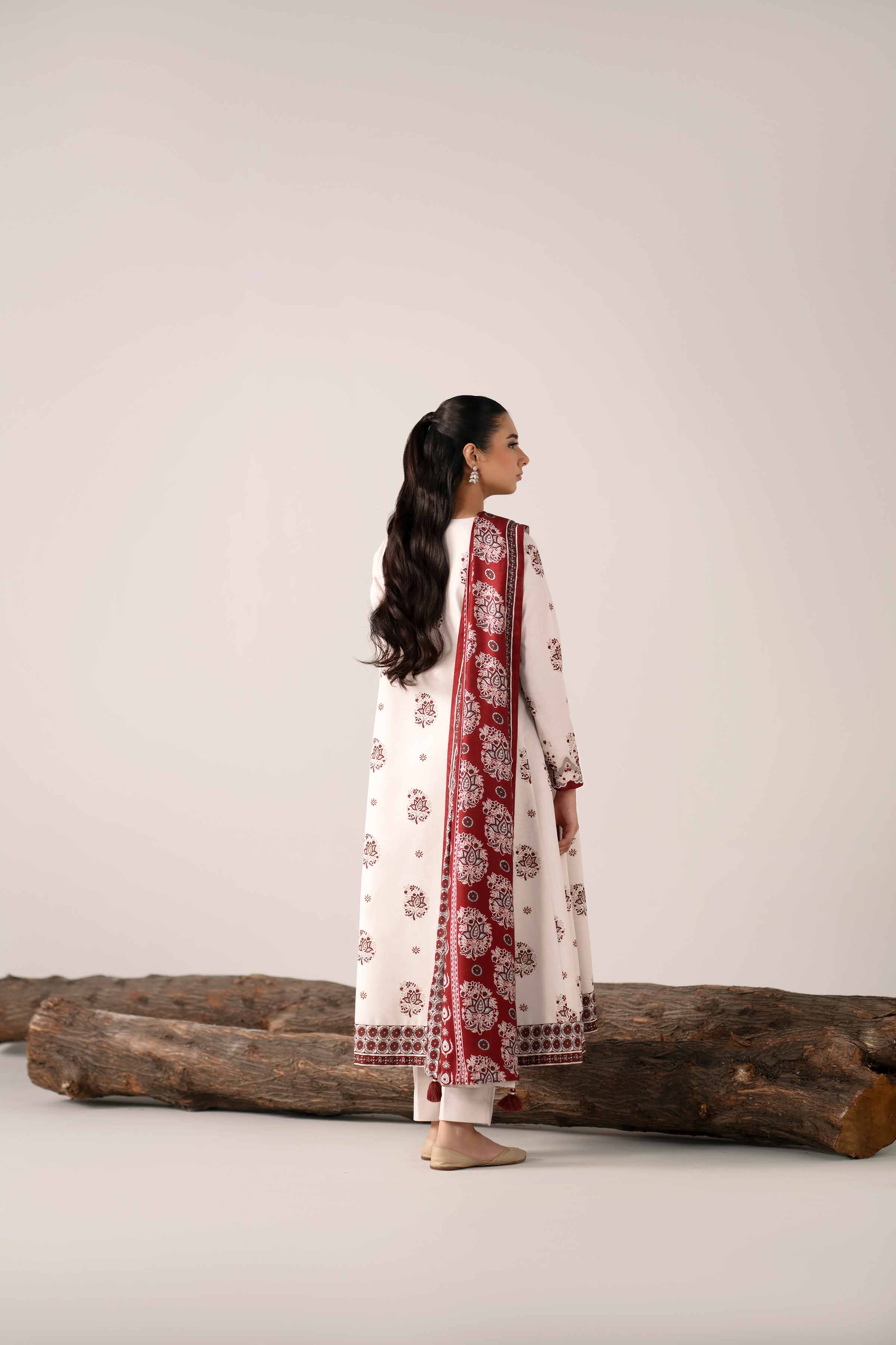 NishatUAE - Maroon & Cream Embroidered Khaddar 3-piece Unstitched Suit