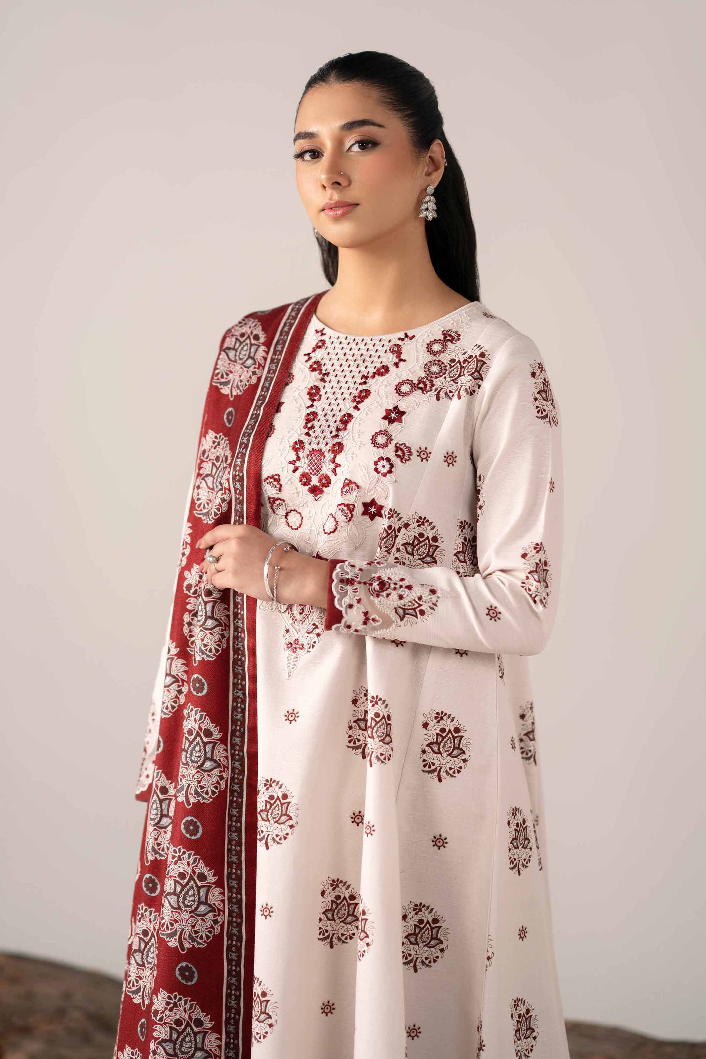 NishatUAE - Maroon & Cream Embroidered Khaddar 3-piece Unstitched Suit