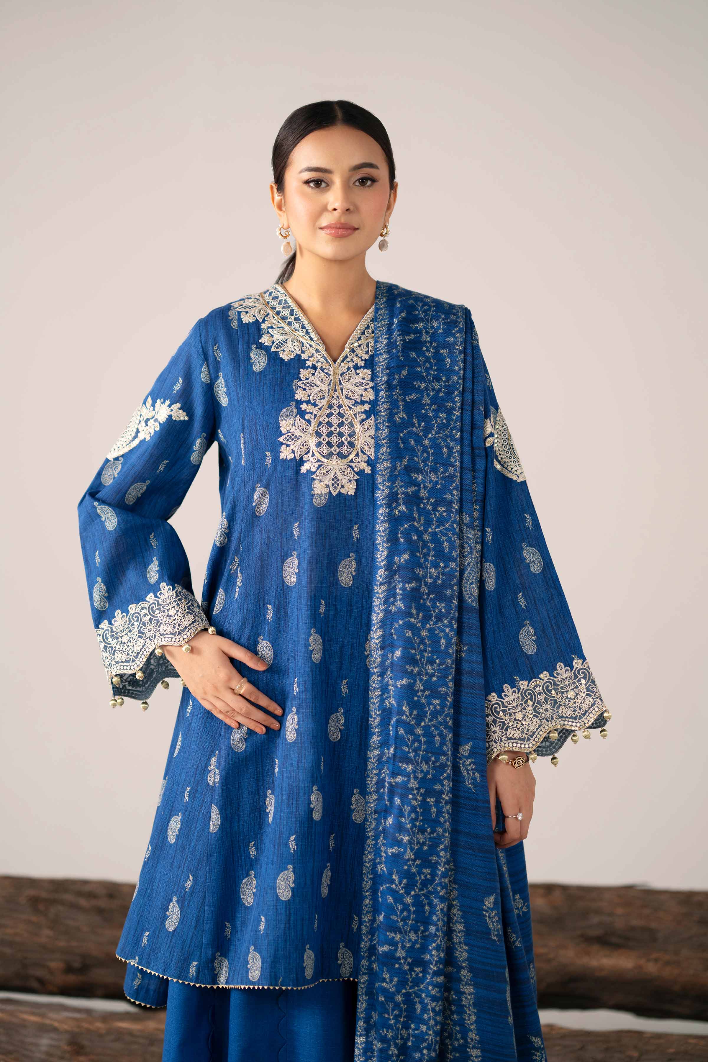 NishatUAE - Blue Embroidered Khaddar 3-piece Unstitched Suit
