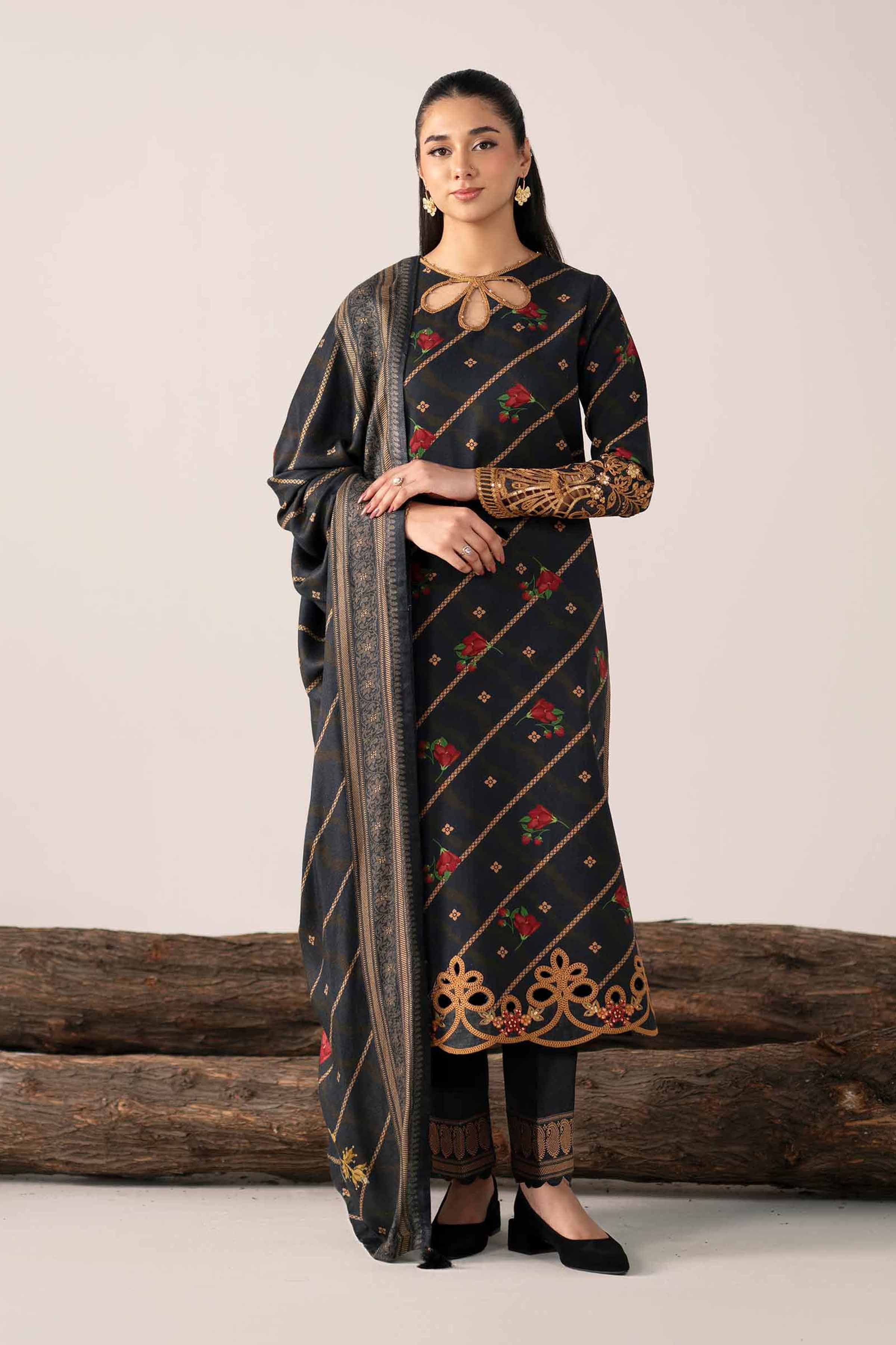 NishatUAE - Black Embroidered Khaddar 3-piece Unstitched Suit