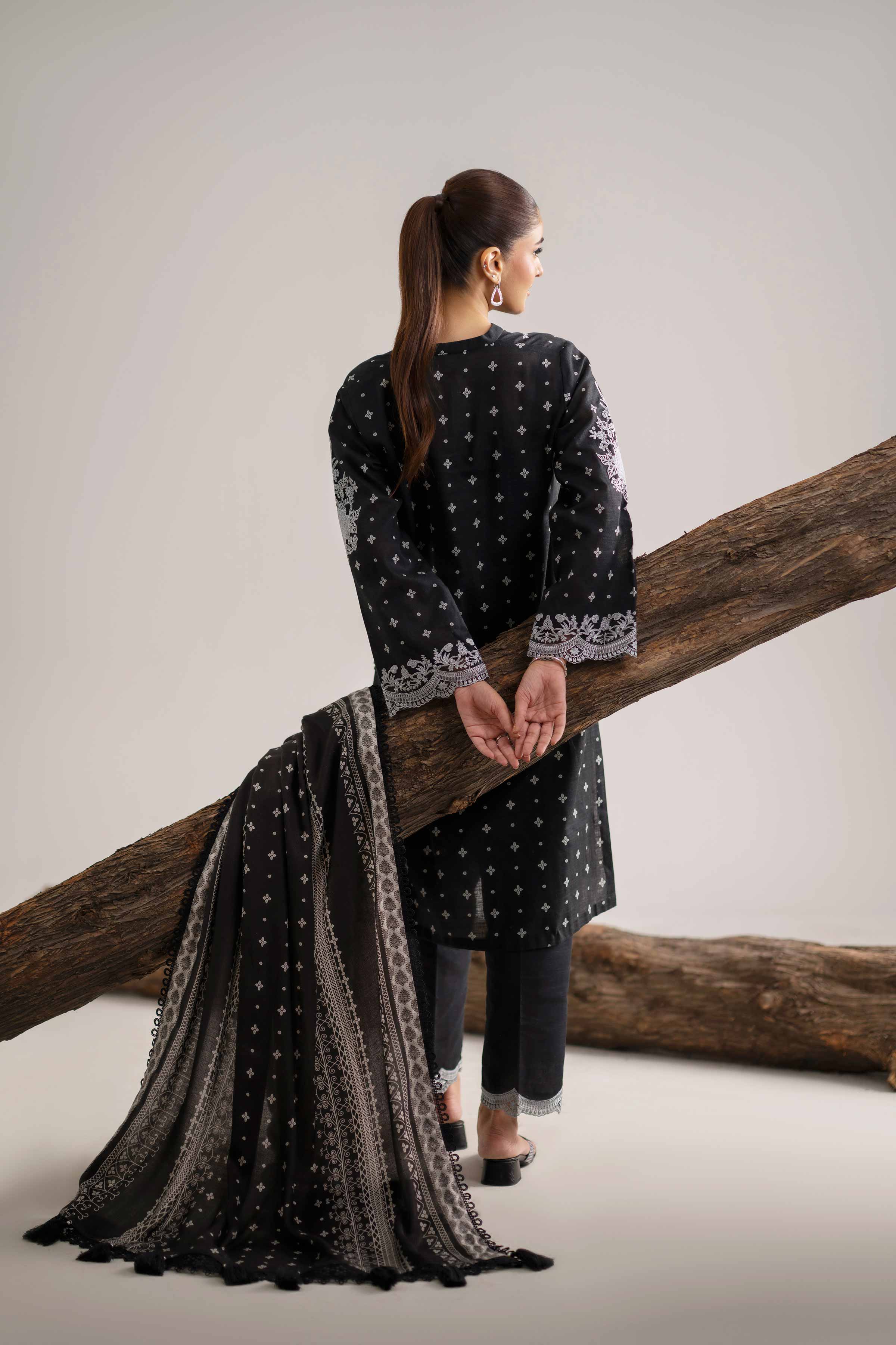 NishatUAE - Black Embroidered Khaddar 3-piece Unstitched Suit