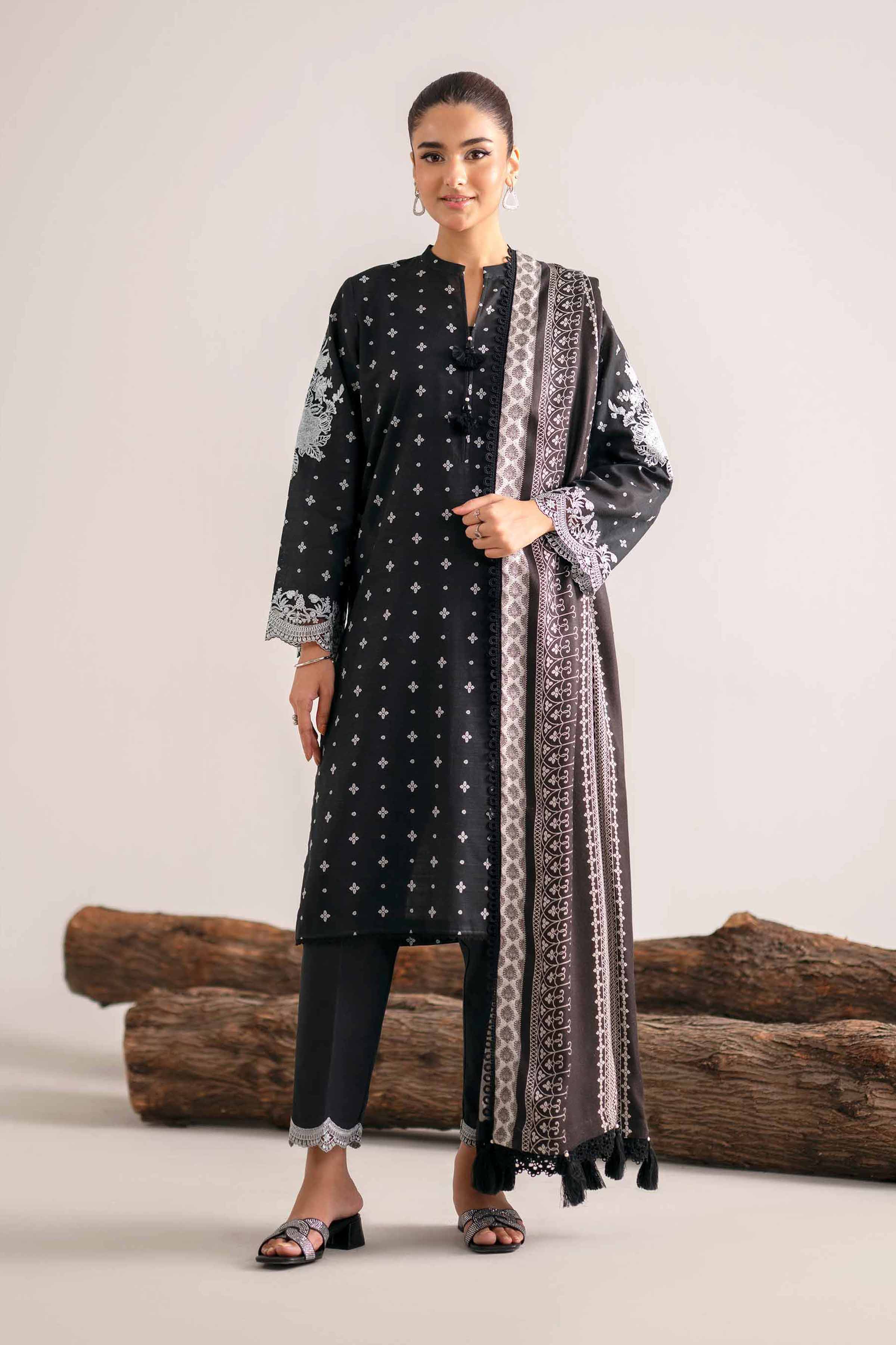 NishatUAE - Black Embroidered Khaddar 3-piece Unstitched Suit