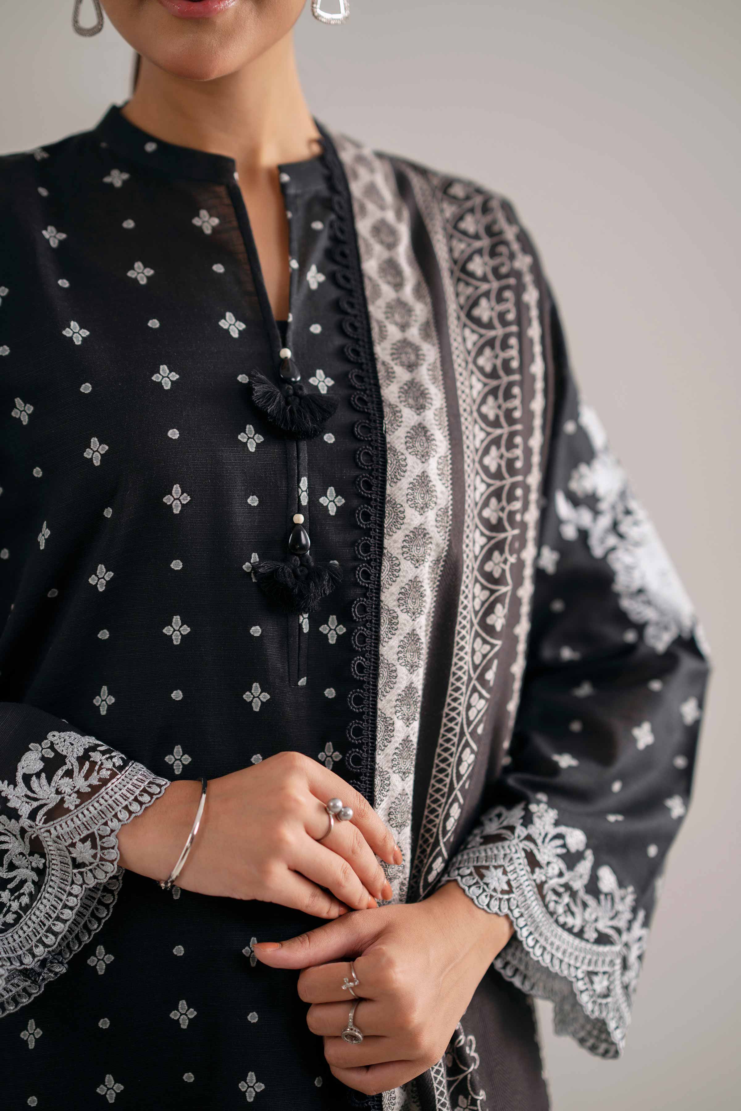 NishatUAE - Black Embroidered Khaddar 3-piece Unstitched Suit