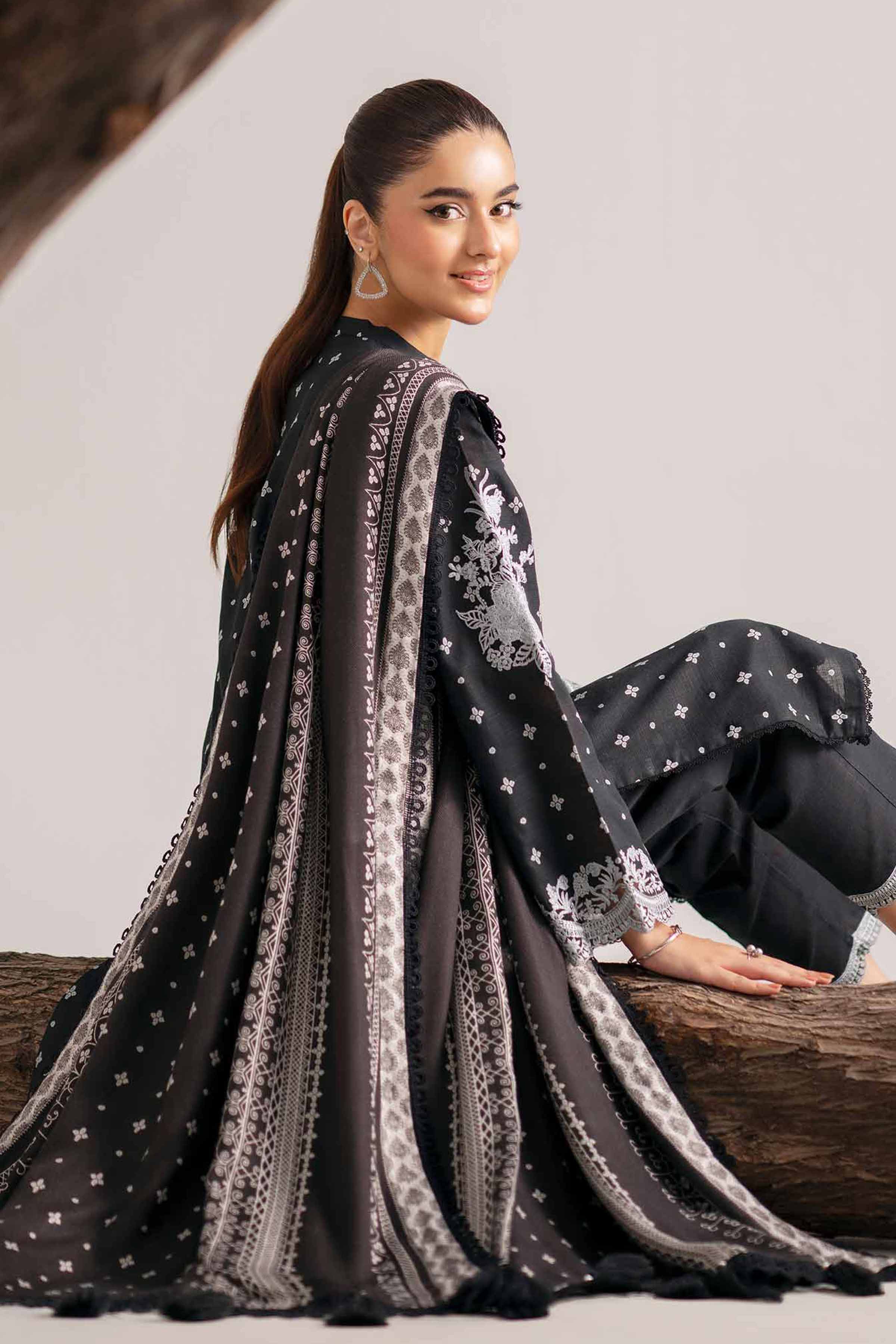 NishatUAE - Black Embroidered Khaddar 3-piece Unstitched Suit