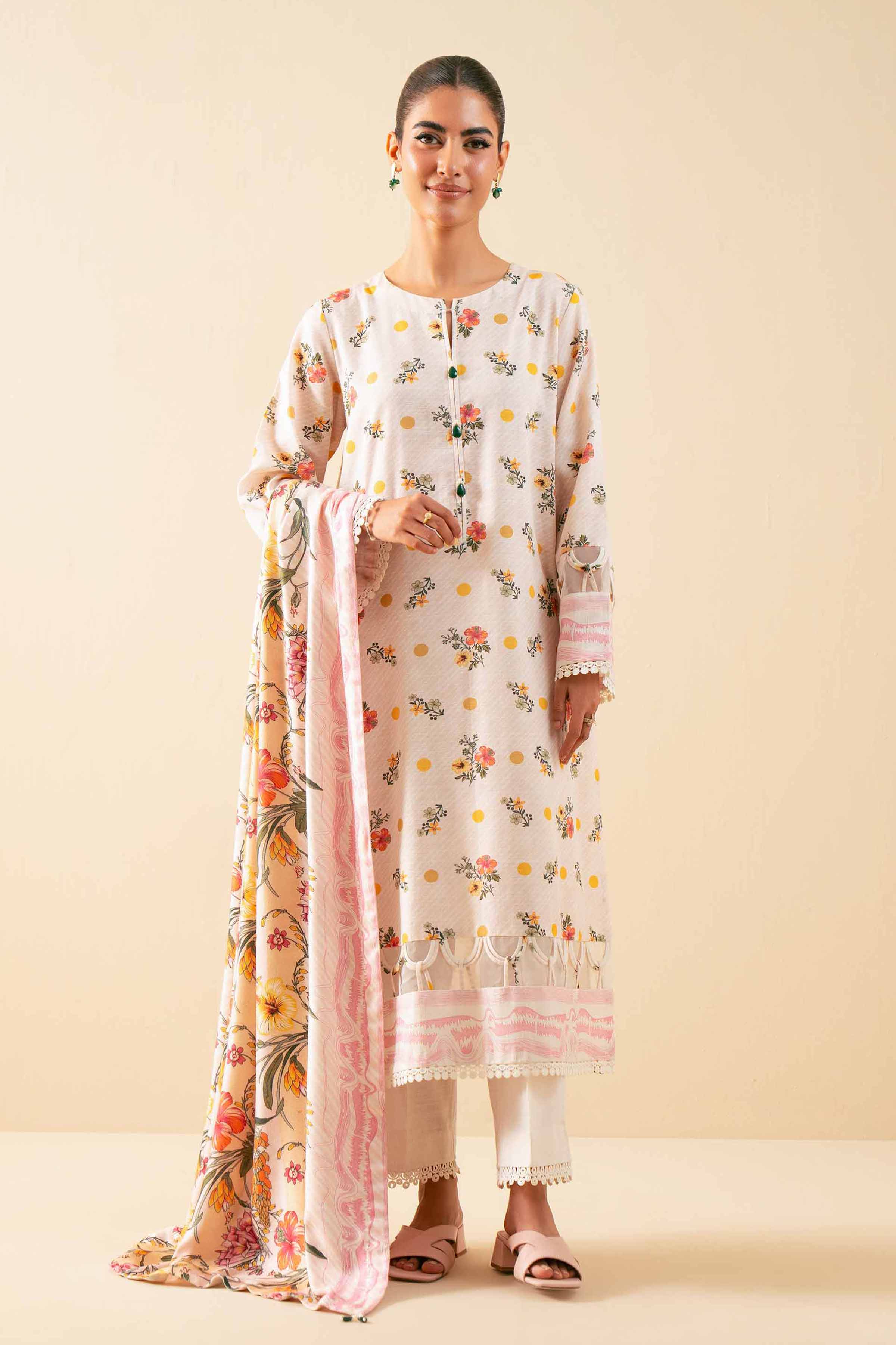 NISHATUAE - Peach & Off White Printed Khaddar 3-piece Unstitched Suit