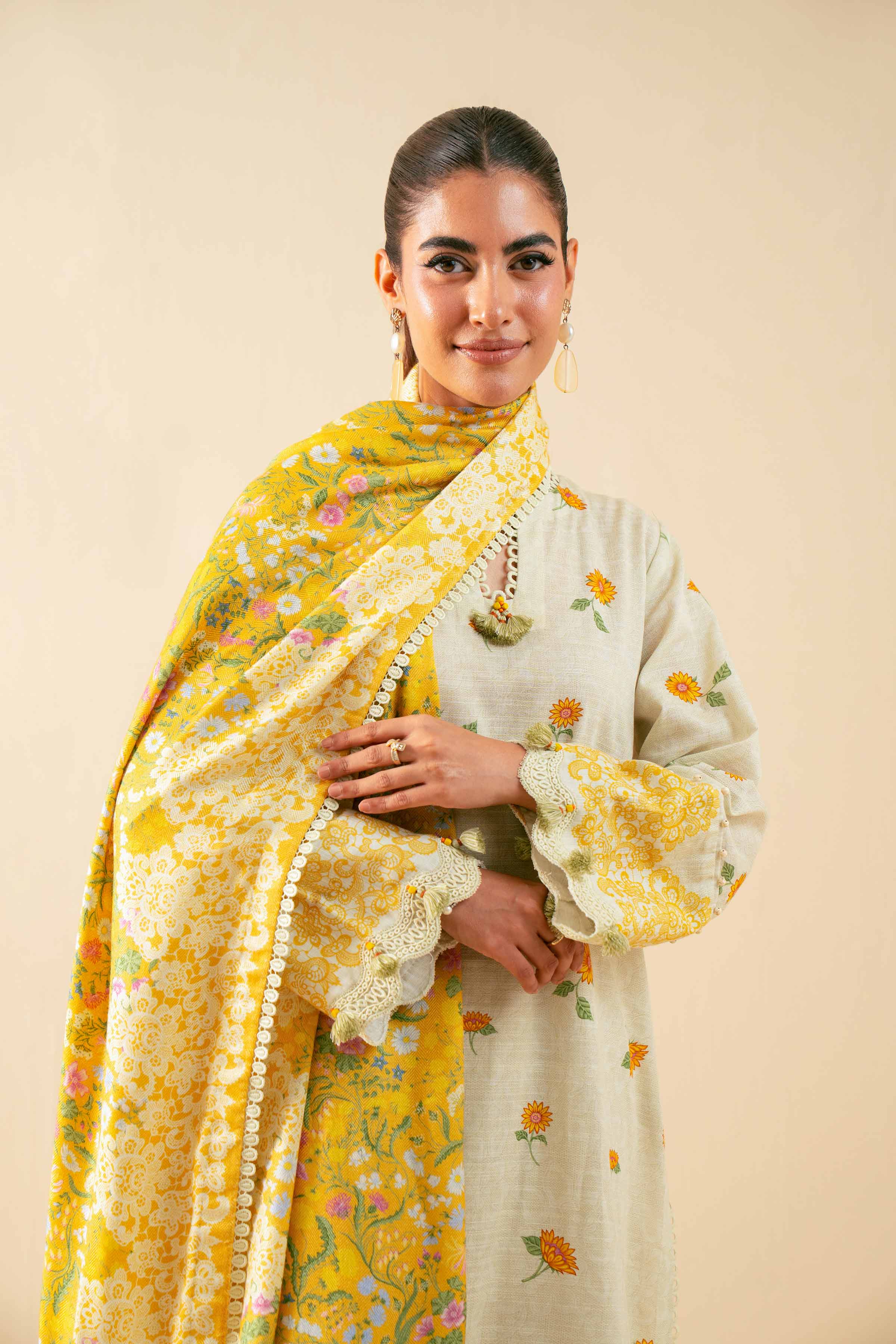 NishatUAE - Beige Printed Khaddar 3-piece Unstitched Suit
