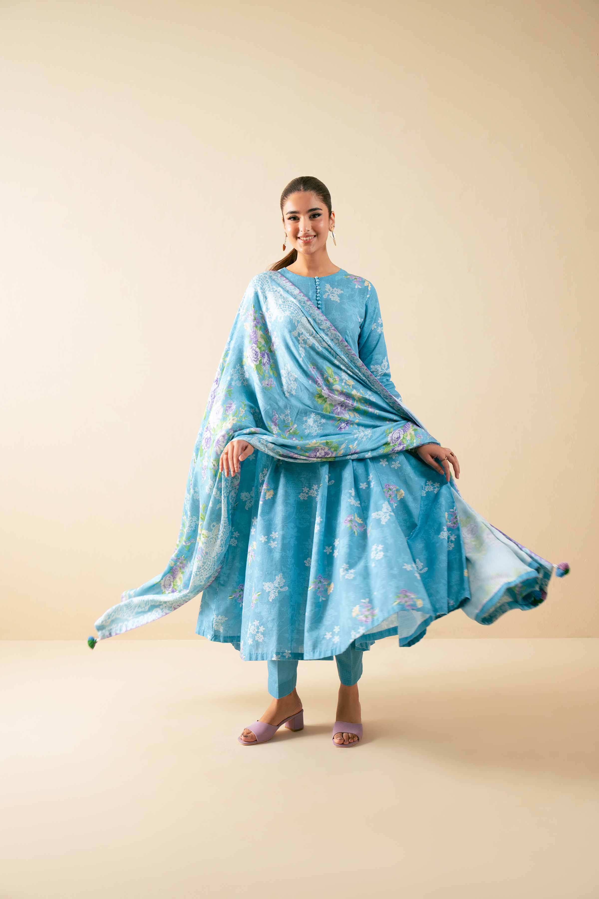 NISHATUAE - Blue Printed Khaddar 3-piece Unstitched Suit