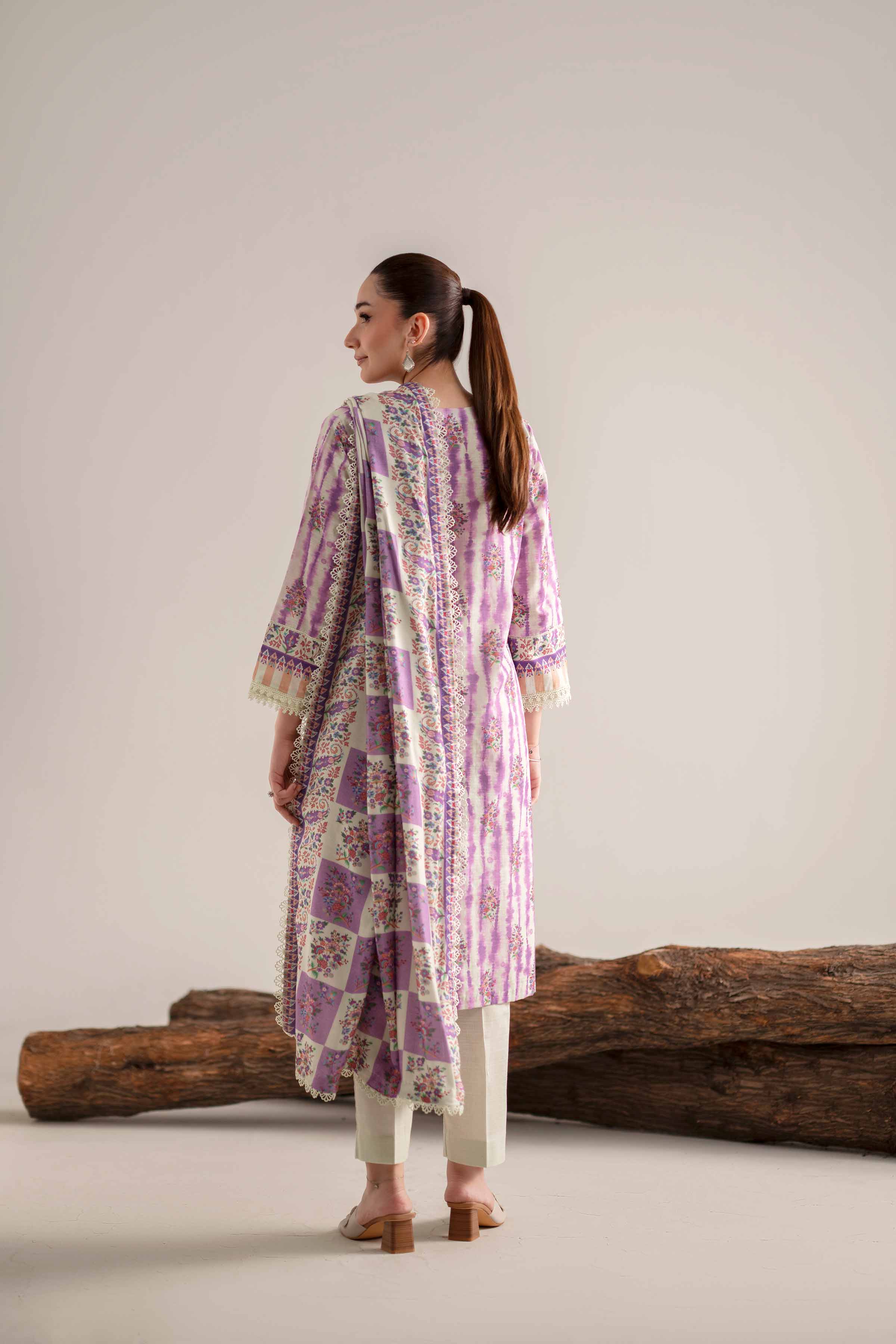 NISHATUAE - Cream & Purple Printed Khaddar 3-piece Unstitched Suit