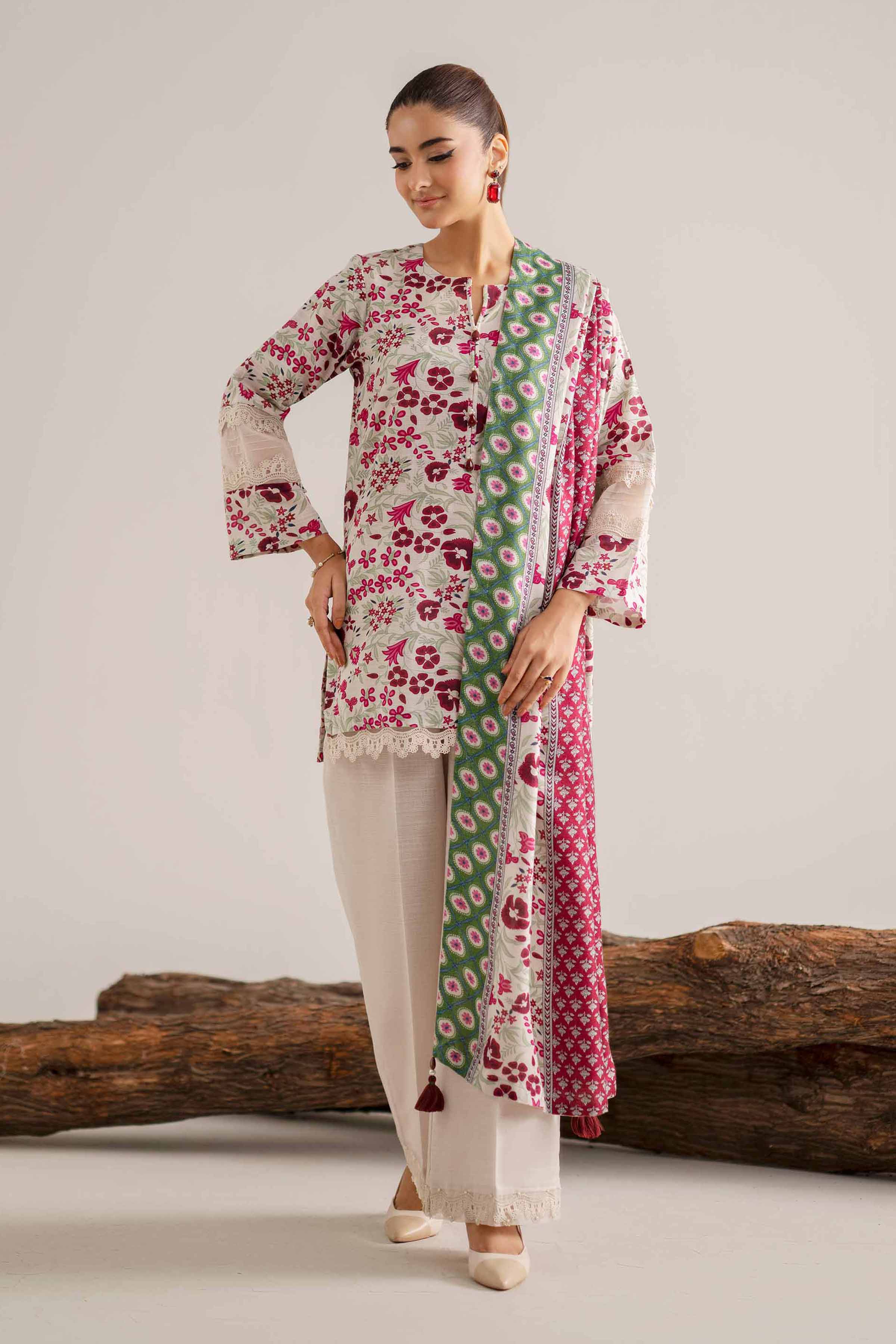NISHATUAE - Light Beige & Magenta Printed Khaddar 3-piece Unstitched Suit