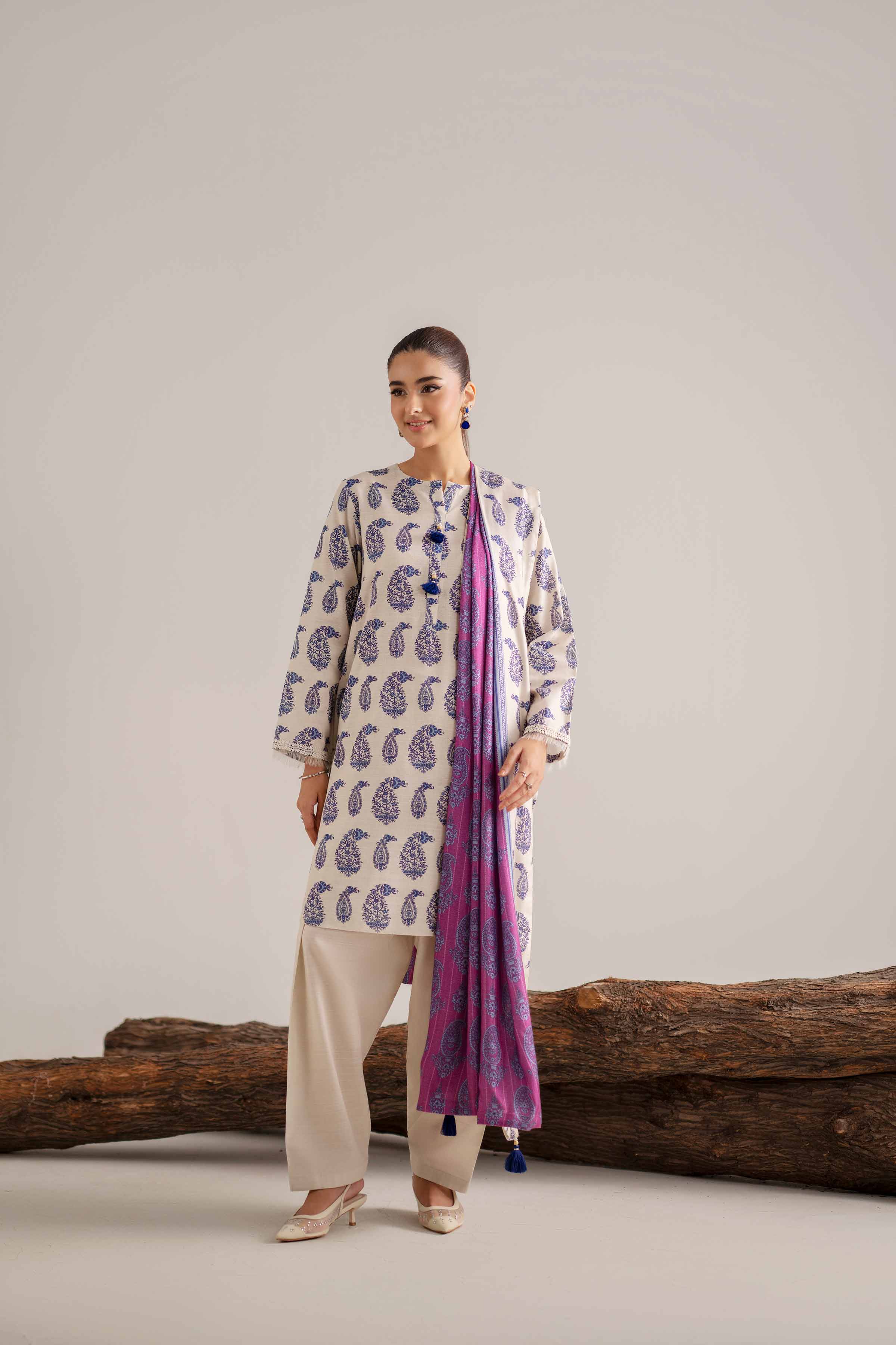 NISHATUAE - Beige & Purple Printed Khaddar 3-piece Unstitched Suit