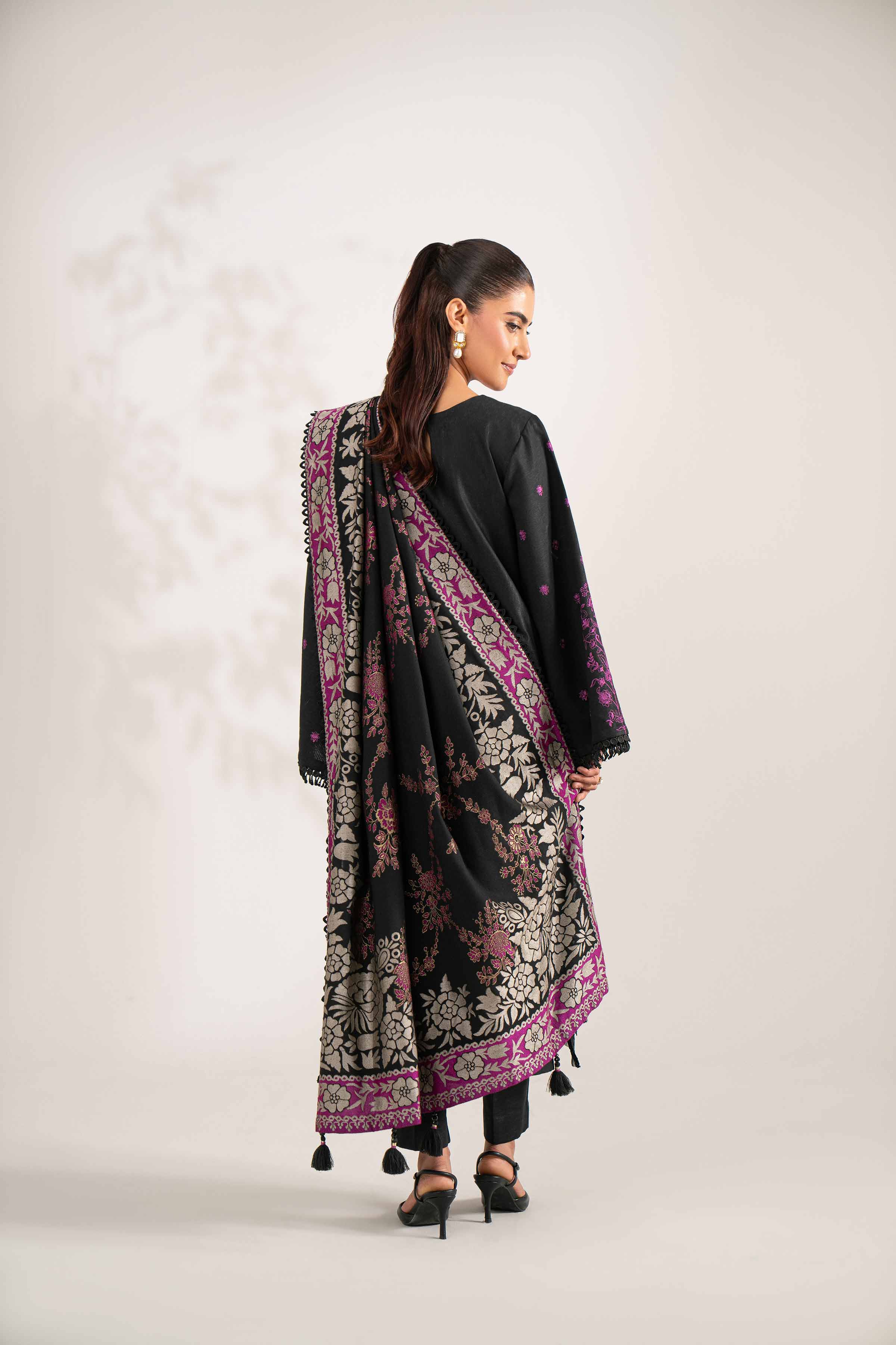 NishatUAE - Black Embroidered Karandi 3-piece Unstitched Suit