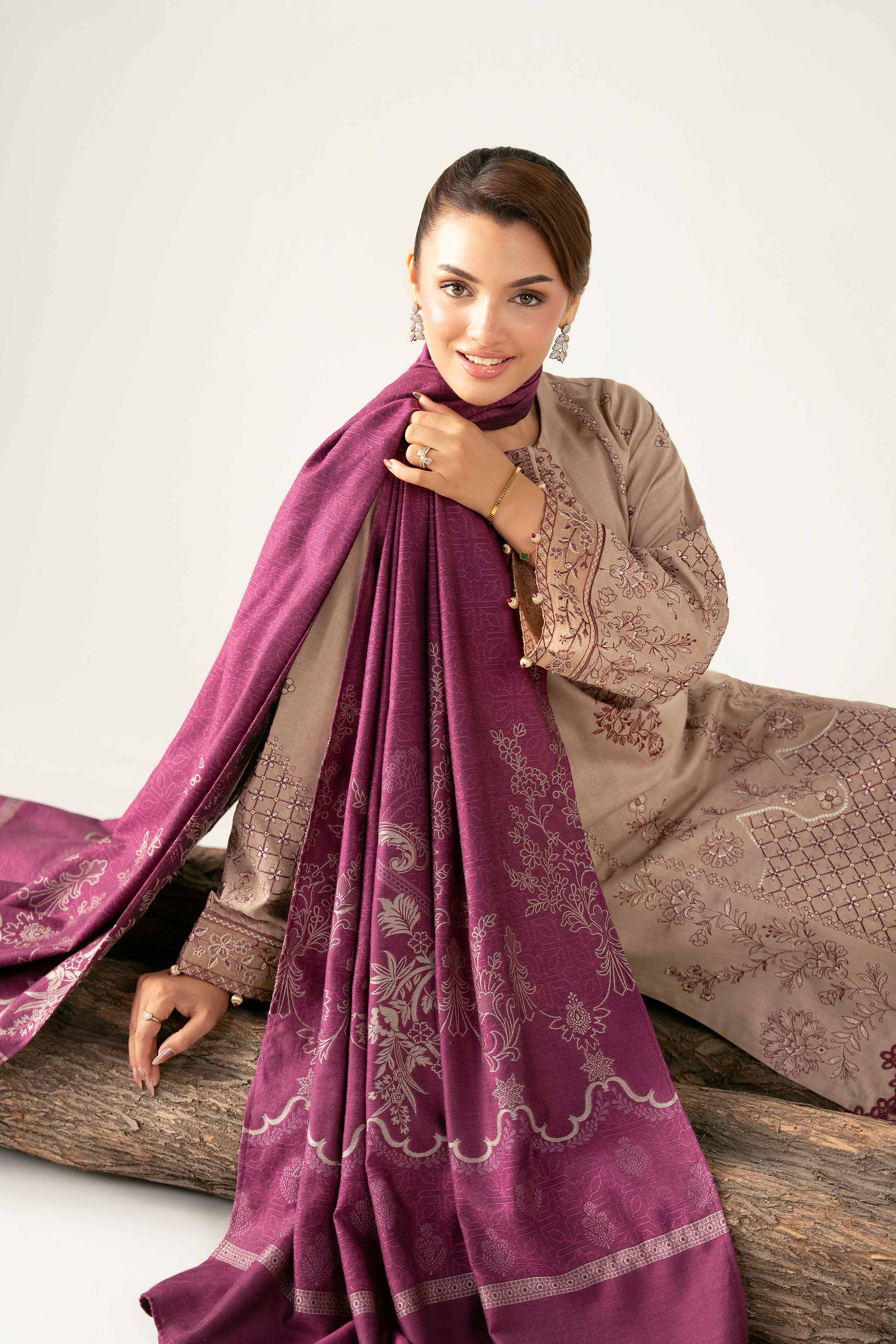 NishatUAE - Beige Embroidered Karandi 3-piece Unstitched Suit