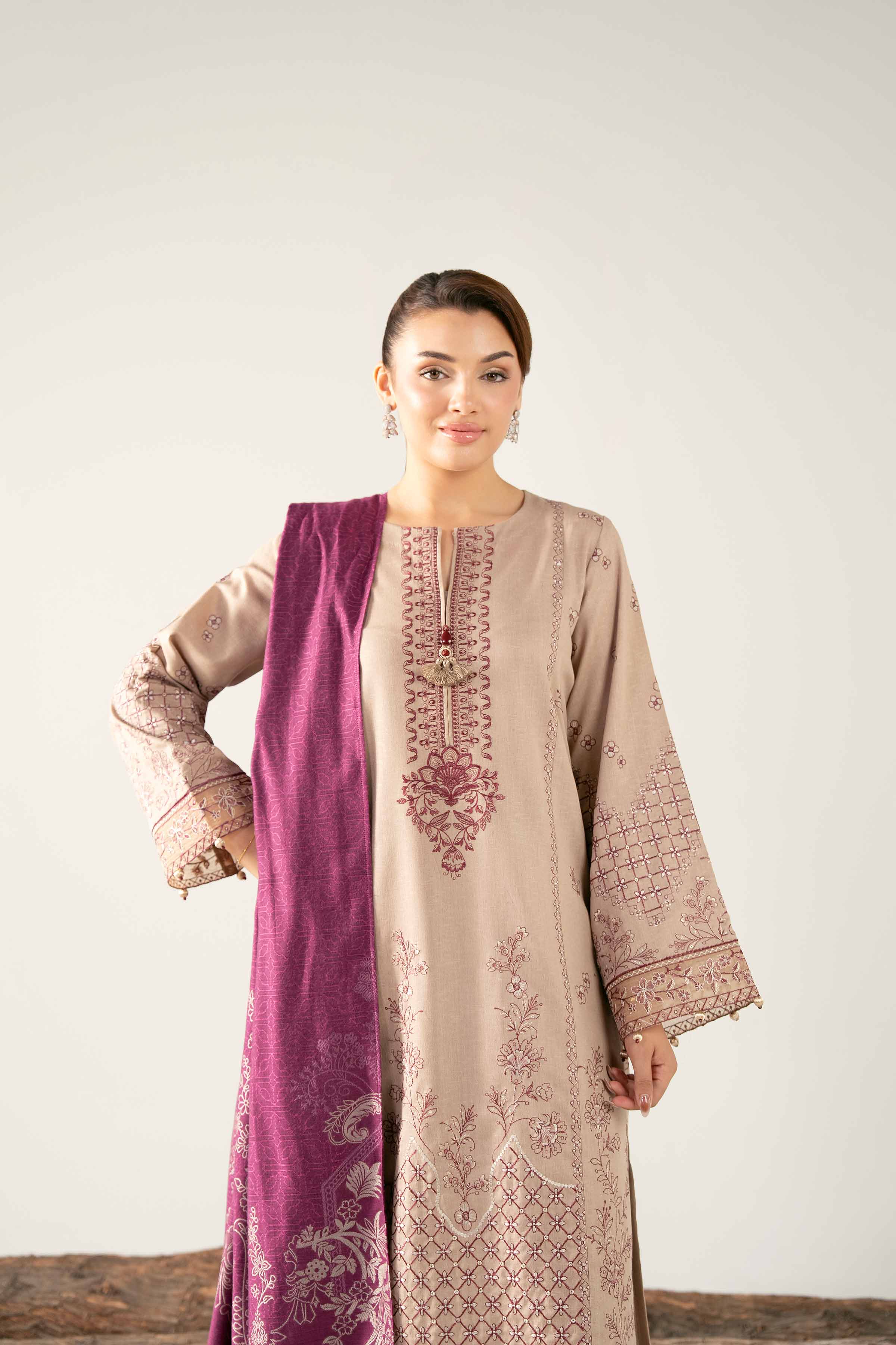 NishatUAE - Beige Embroidered Karandi 3-piece Unstitched Suit