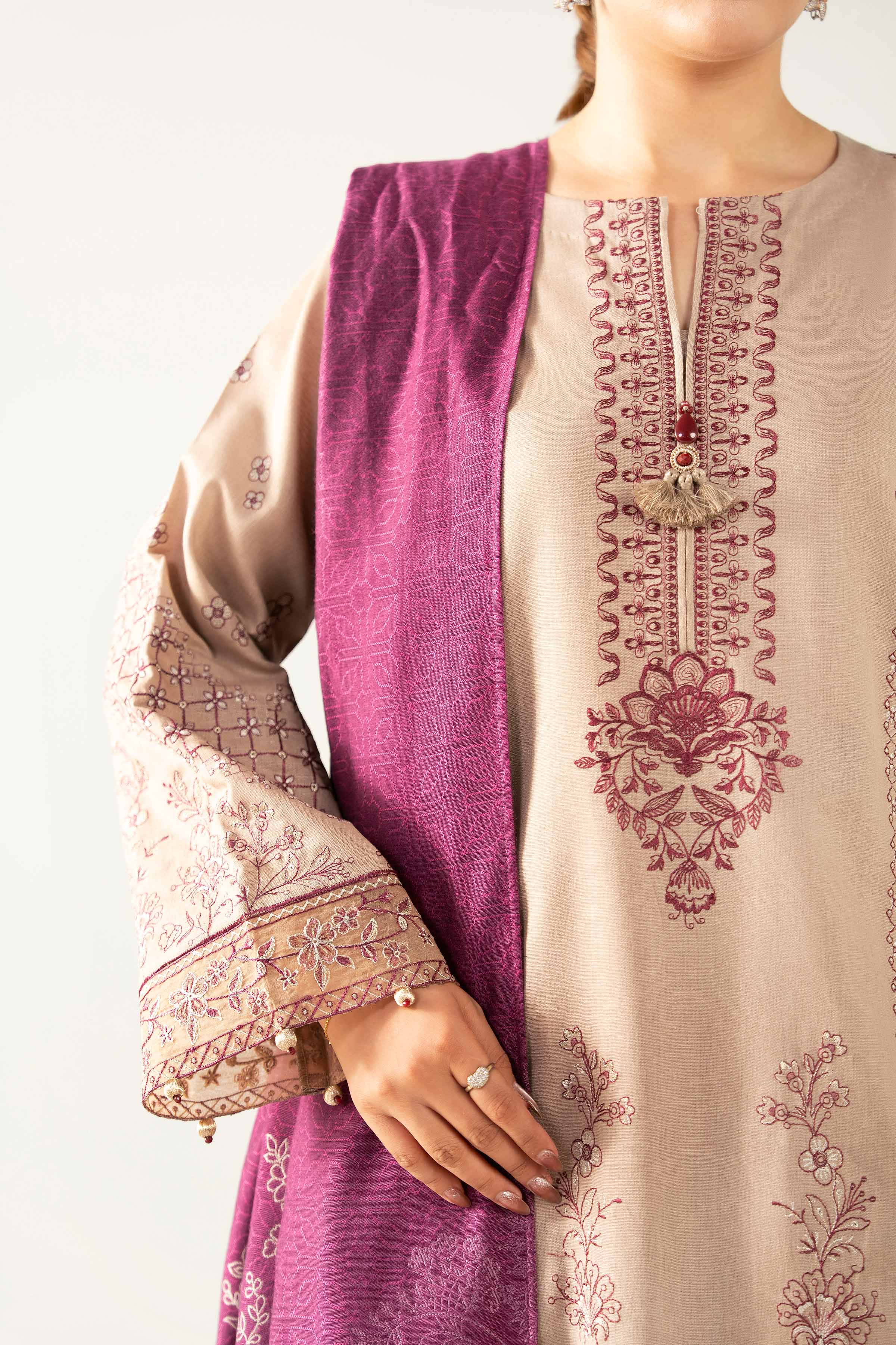 NishatUAE - Beige Embroidered Karandi 3-piece Unstitched Suit