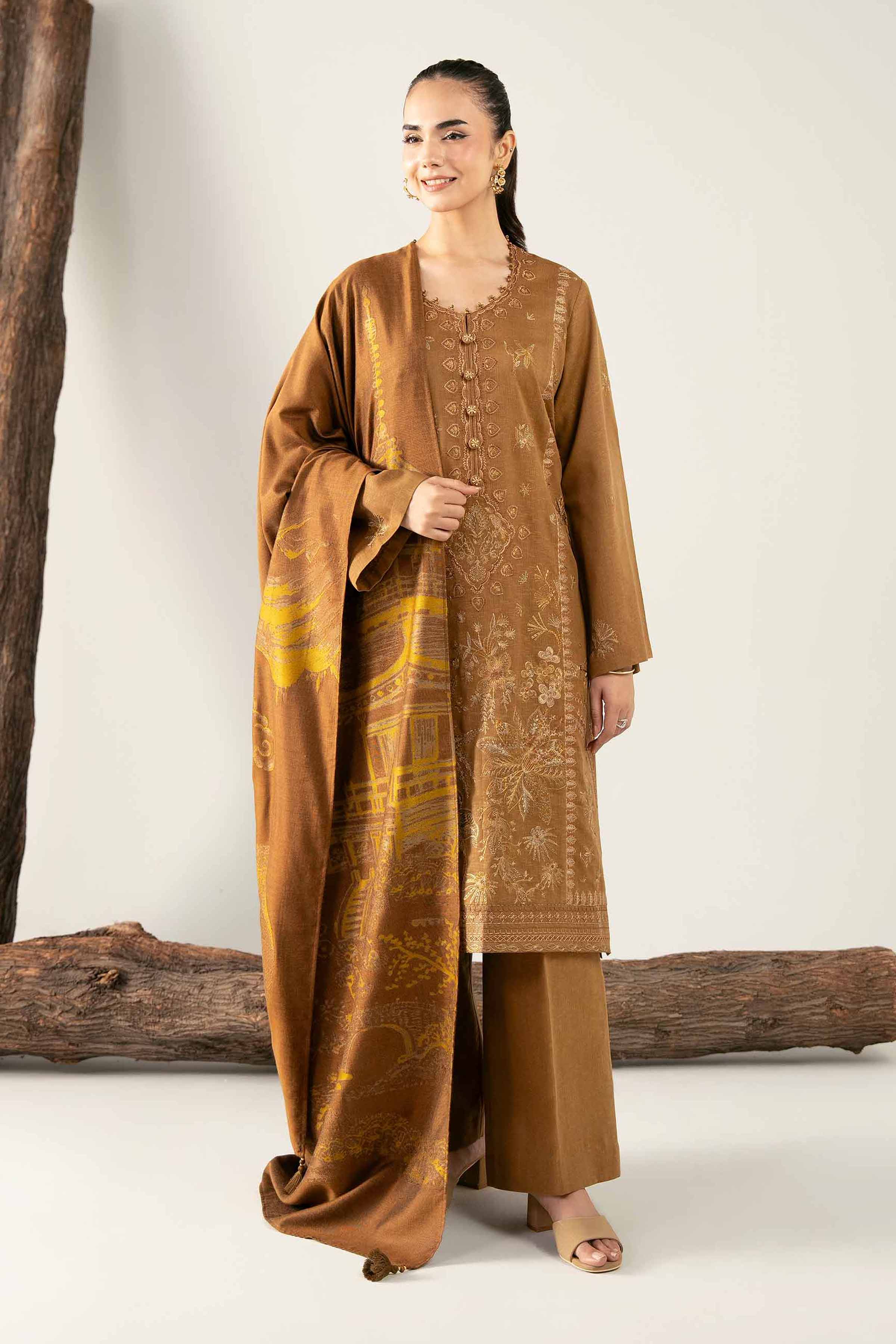 NishatUAE - Brown Embroidered Karandi 3-piece Unstitched Suit