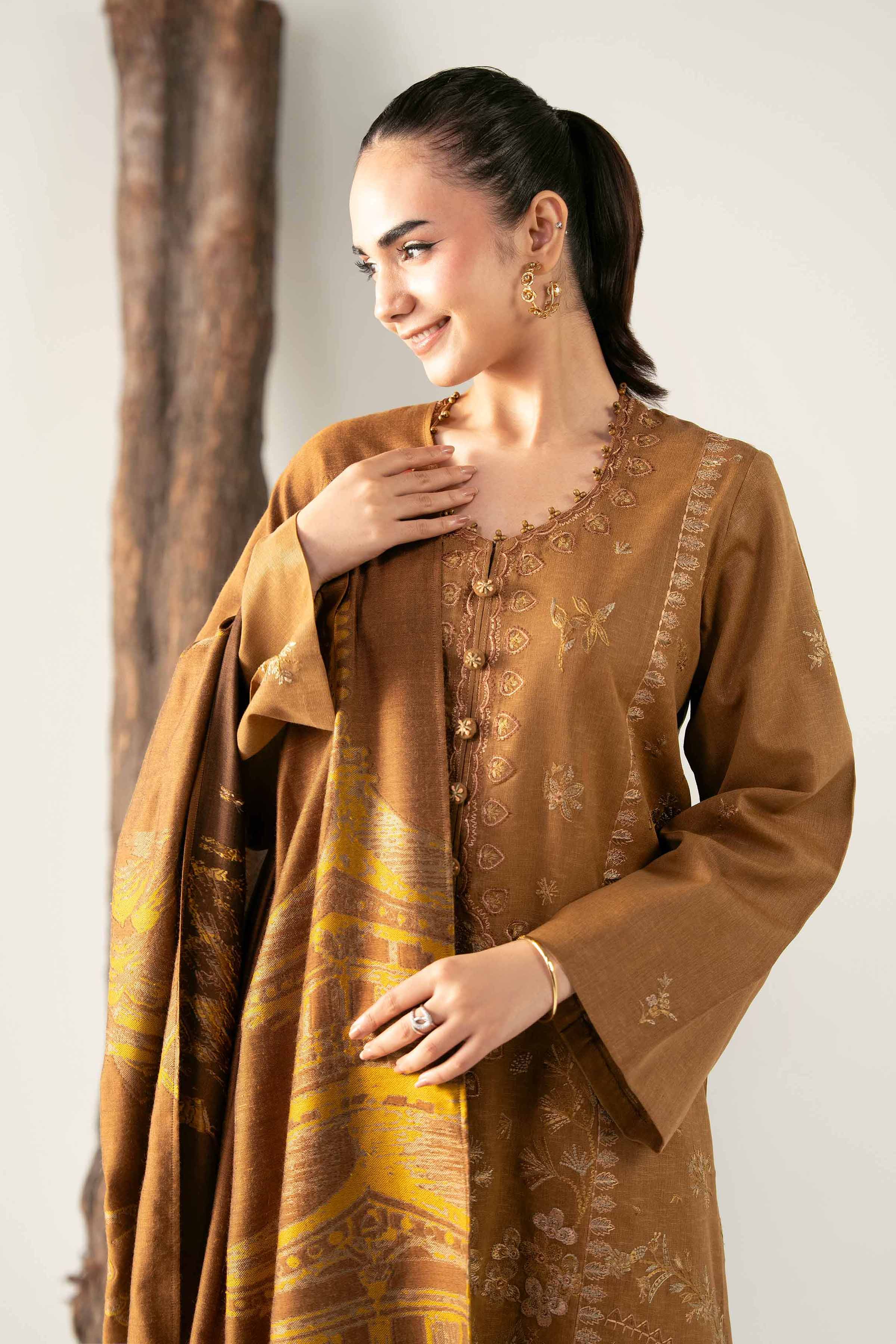 NishatUAE - Brown Embroidered Karandi 3-piece Unstitched Suit