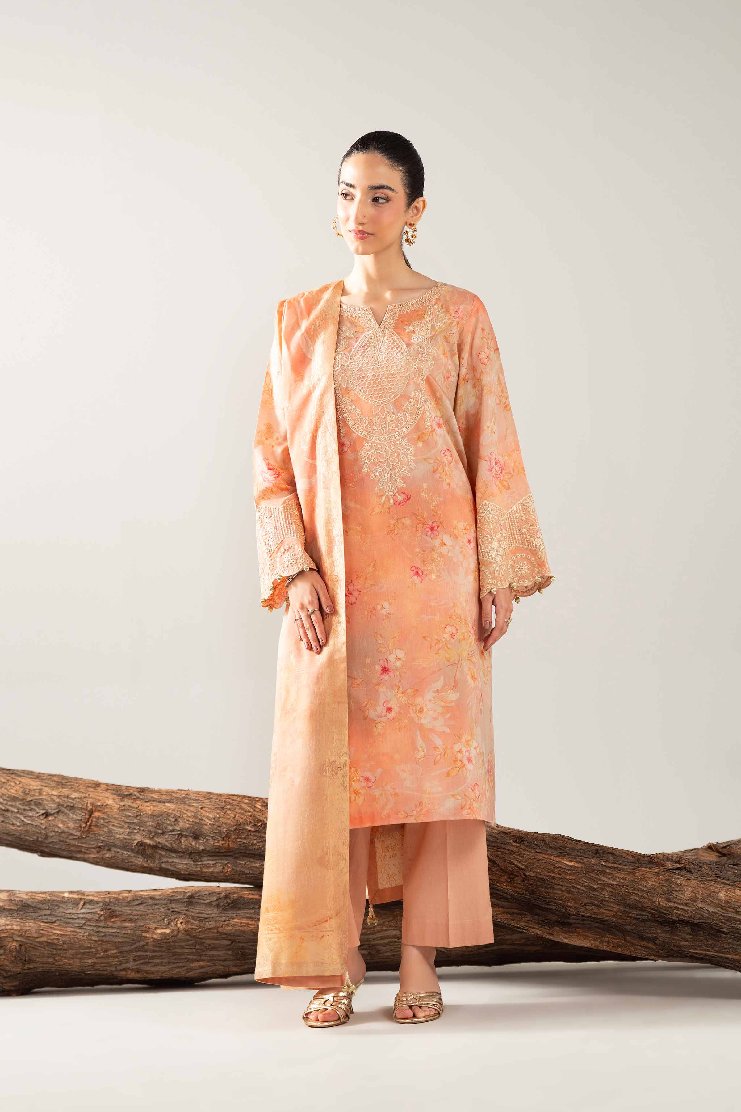 NishatUAE - Peach & Coral Embroidered Jacquard 3-piece Unstitched Suit