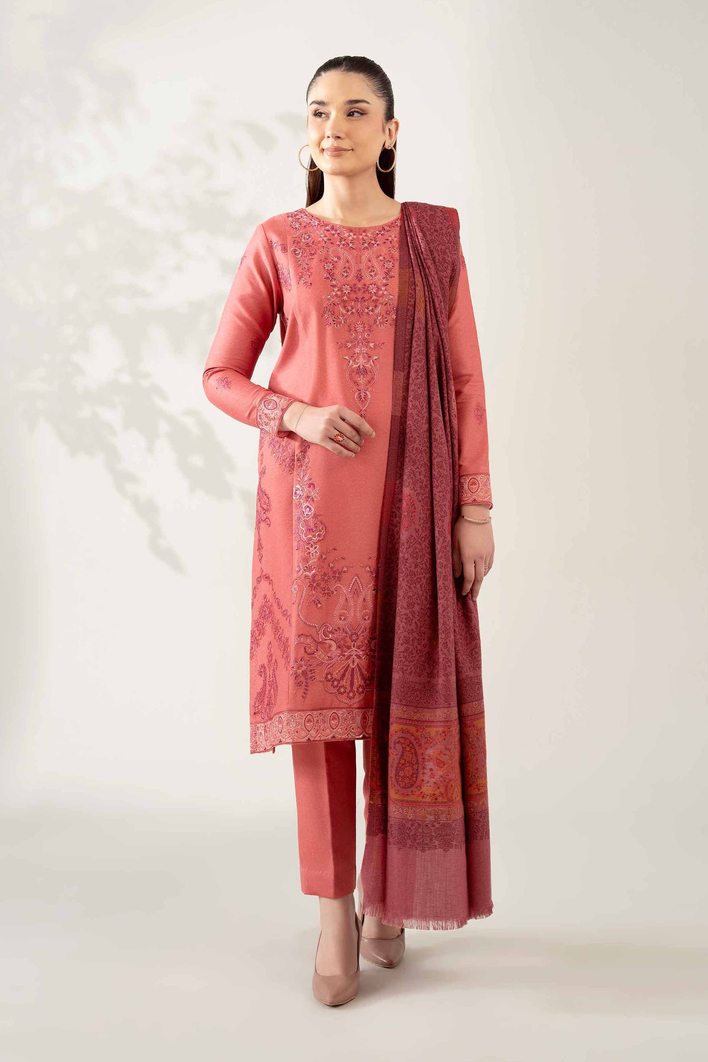 NISHATUAE - Peach Embroidered Karandi 3-piece Unstitched Suit