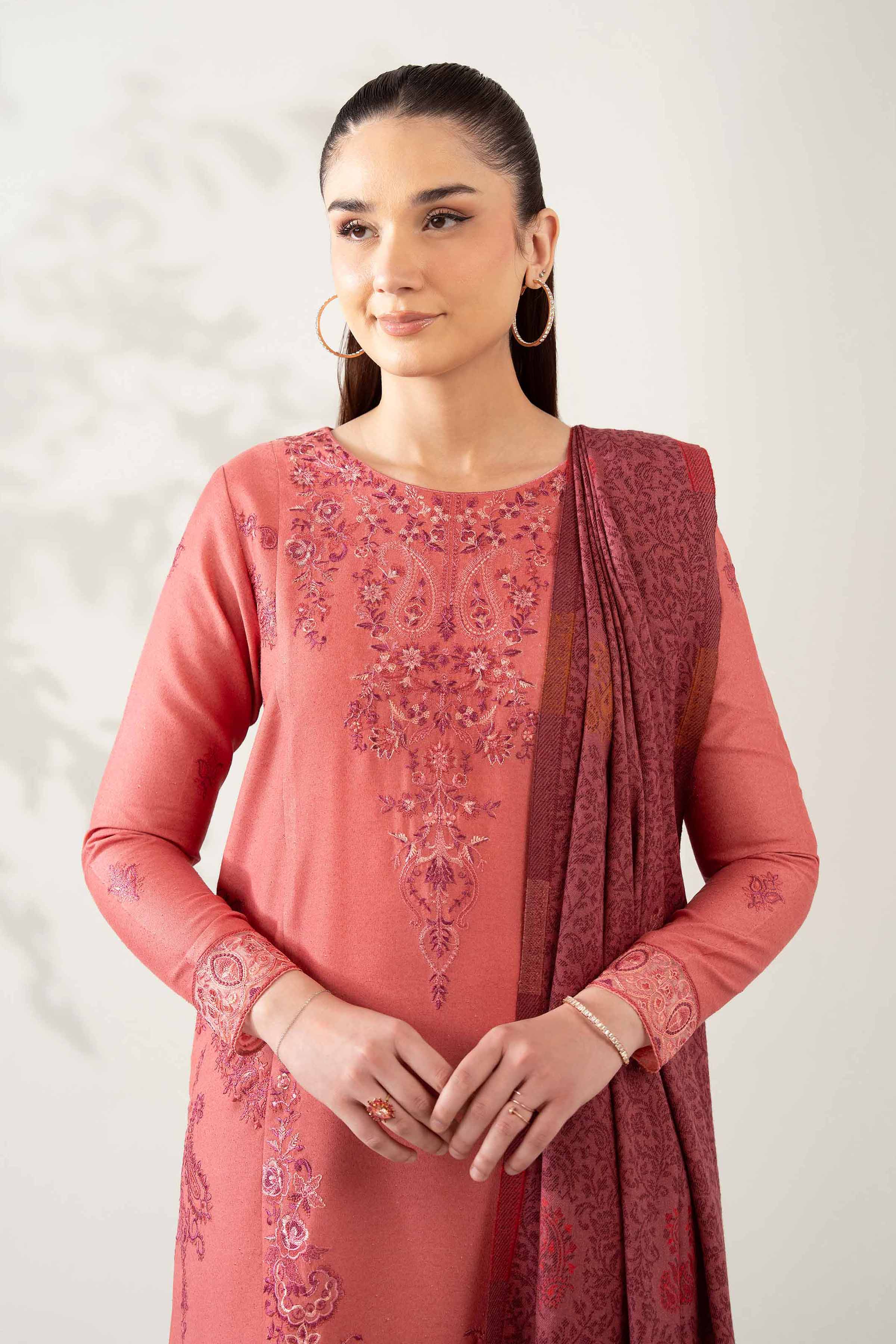 NISHATUAE - Peach Embroidered Karandi 3-piece Unstitched Suit