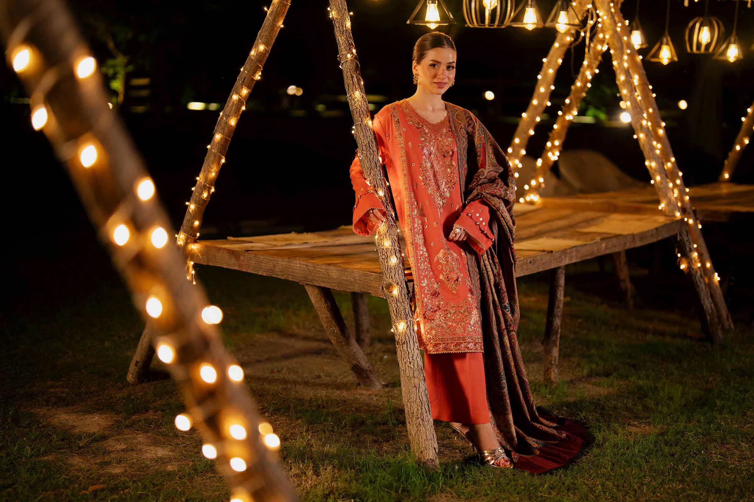 NISHATUAE - Coral Embroidered Karandi 3-piece Unstitched Suit