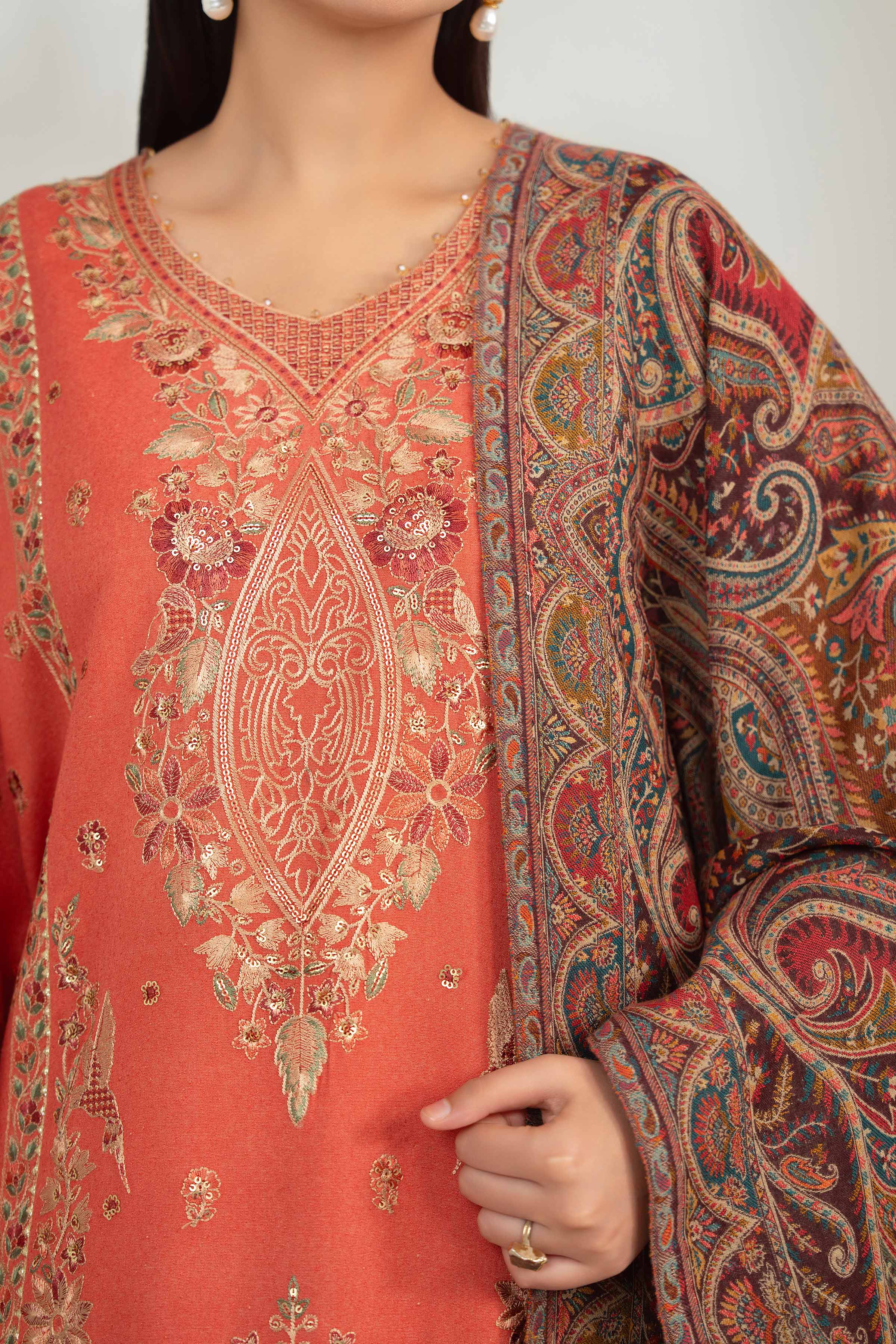 NISHATUAE - Coral Embroidered Karandi 3-piece Unstitched Suit