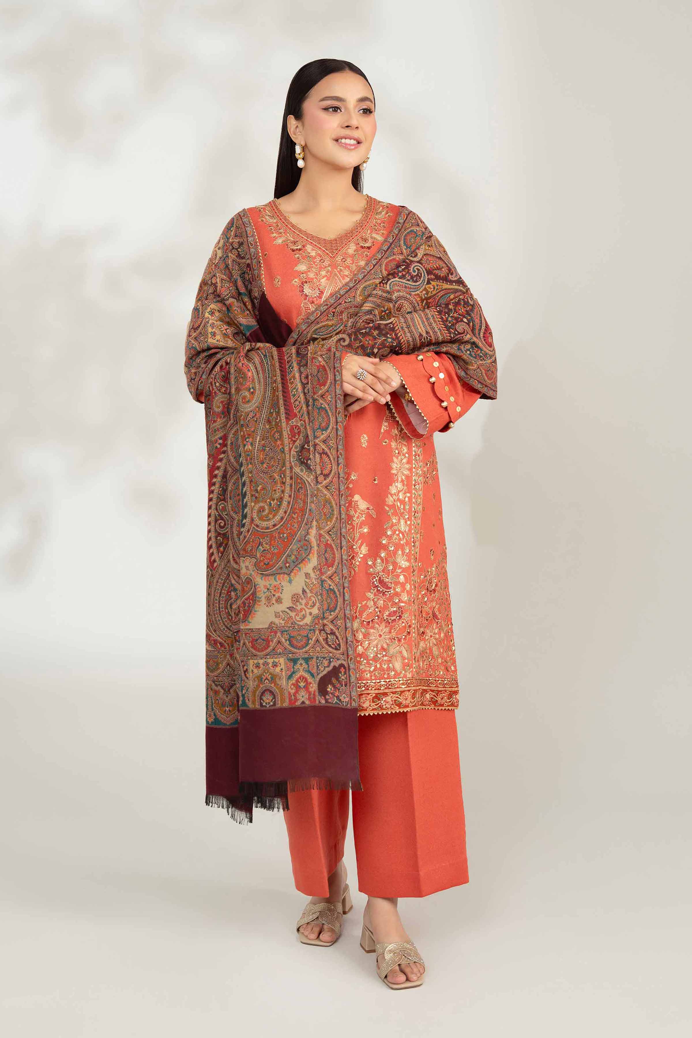 NISHATUAE - Coral Embroidered Karandi 3-piece Unstitched Suit