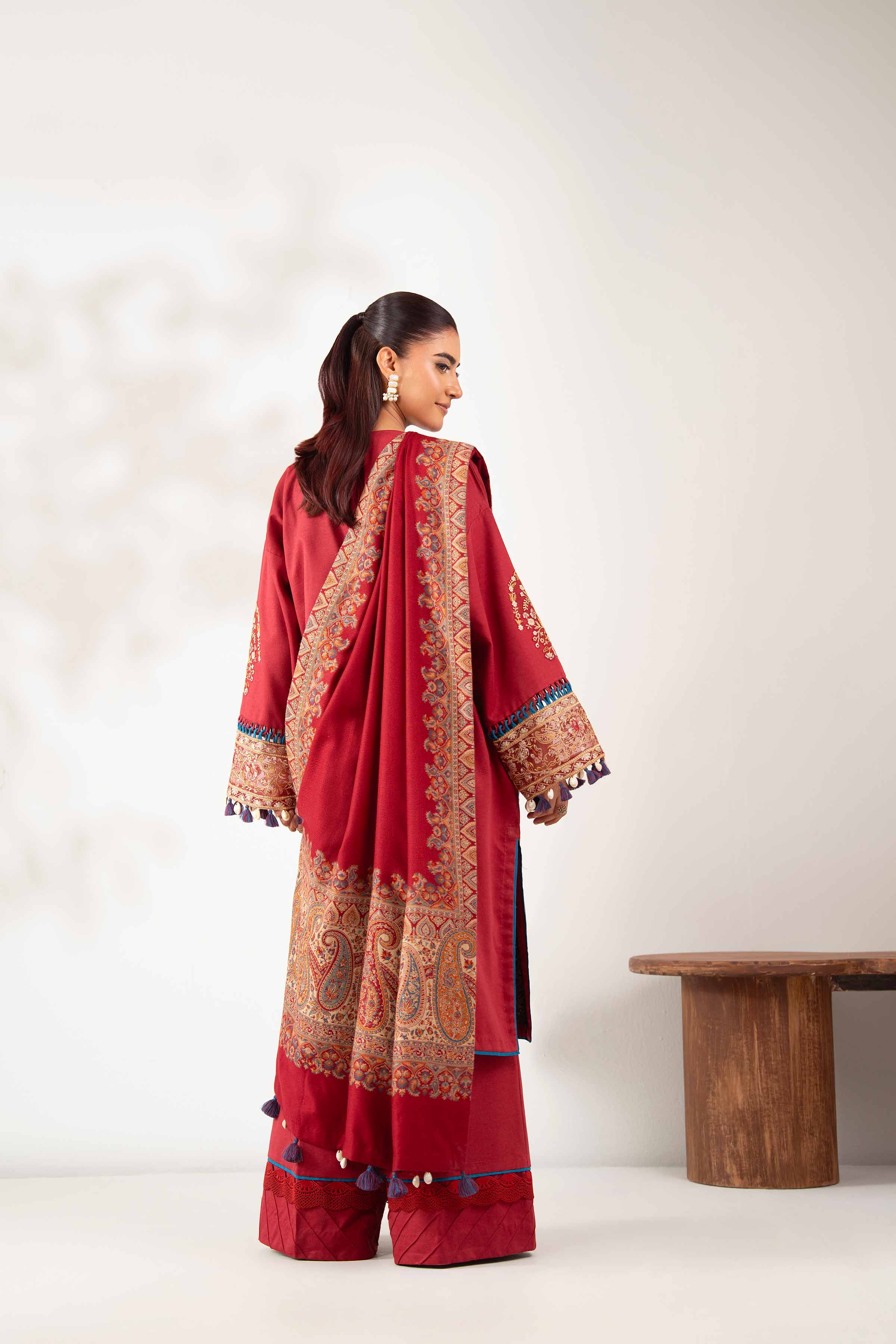 NISHATUAE - Maroon Embroidered Karandi 3-piece Unstitched Suit