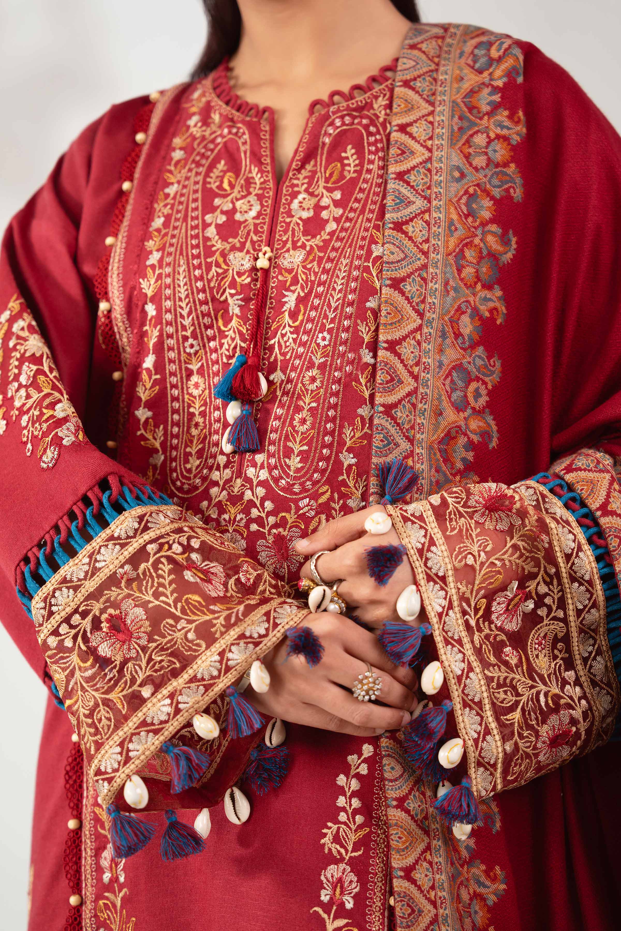 NISHATUAE - Maroon Embroidered Karandi 3-piece Unstitched Suit