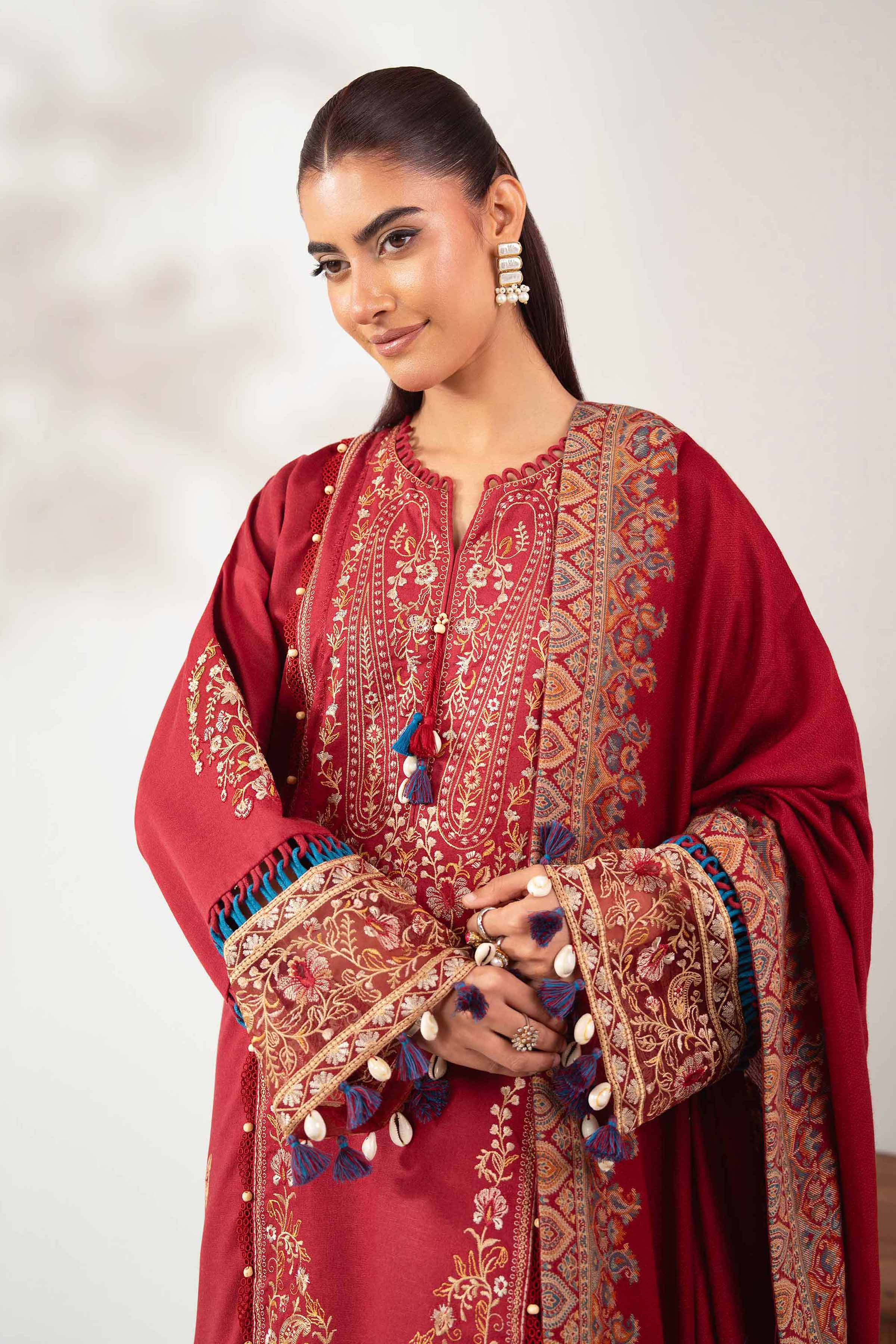 NISHATUAE - Maroon Embroidered Karandi 3-piece Unstitched Suit