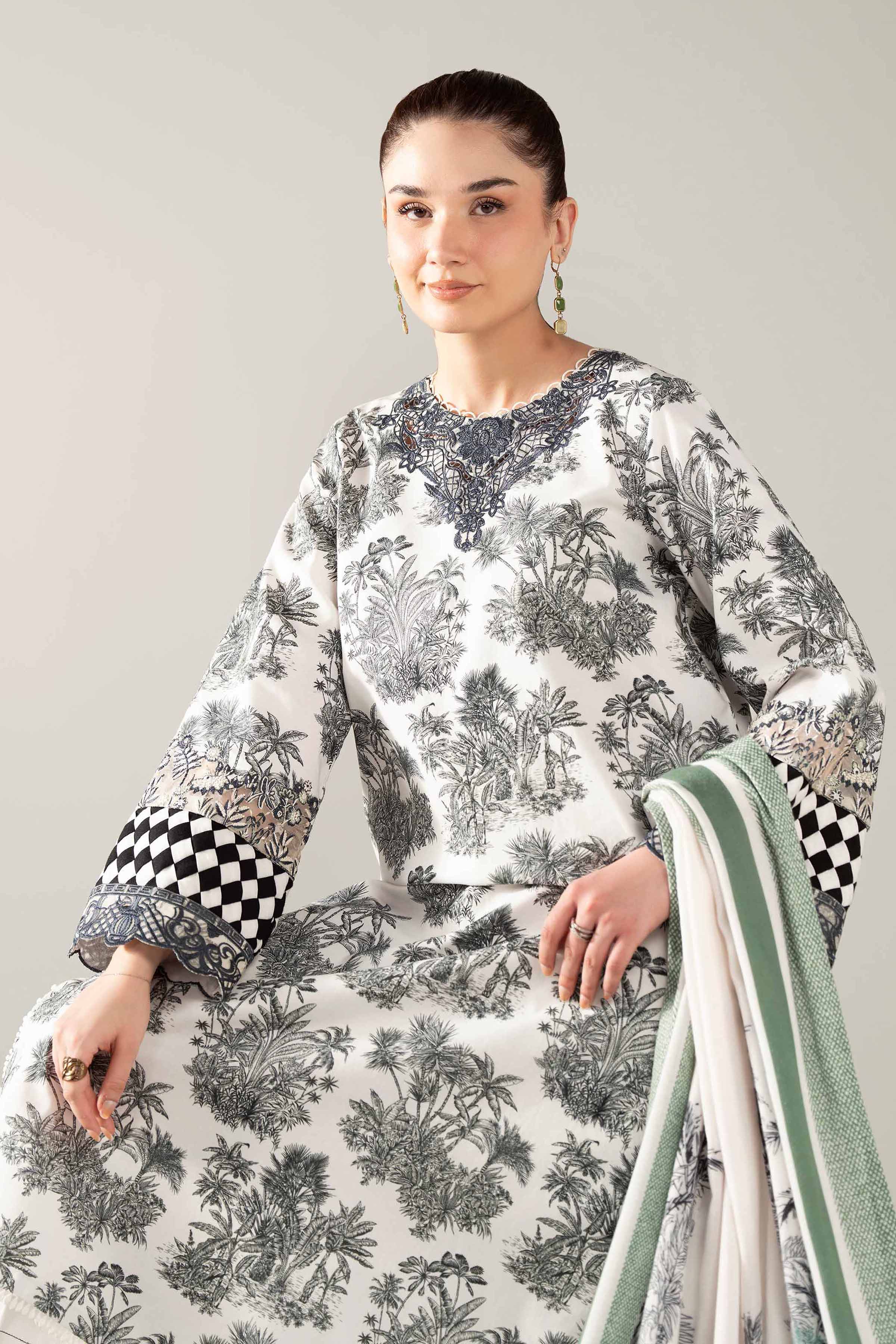 NishatUAE - Off White & Green Embroidered Cotton 3-piece Unstitched Suit