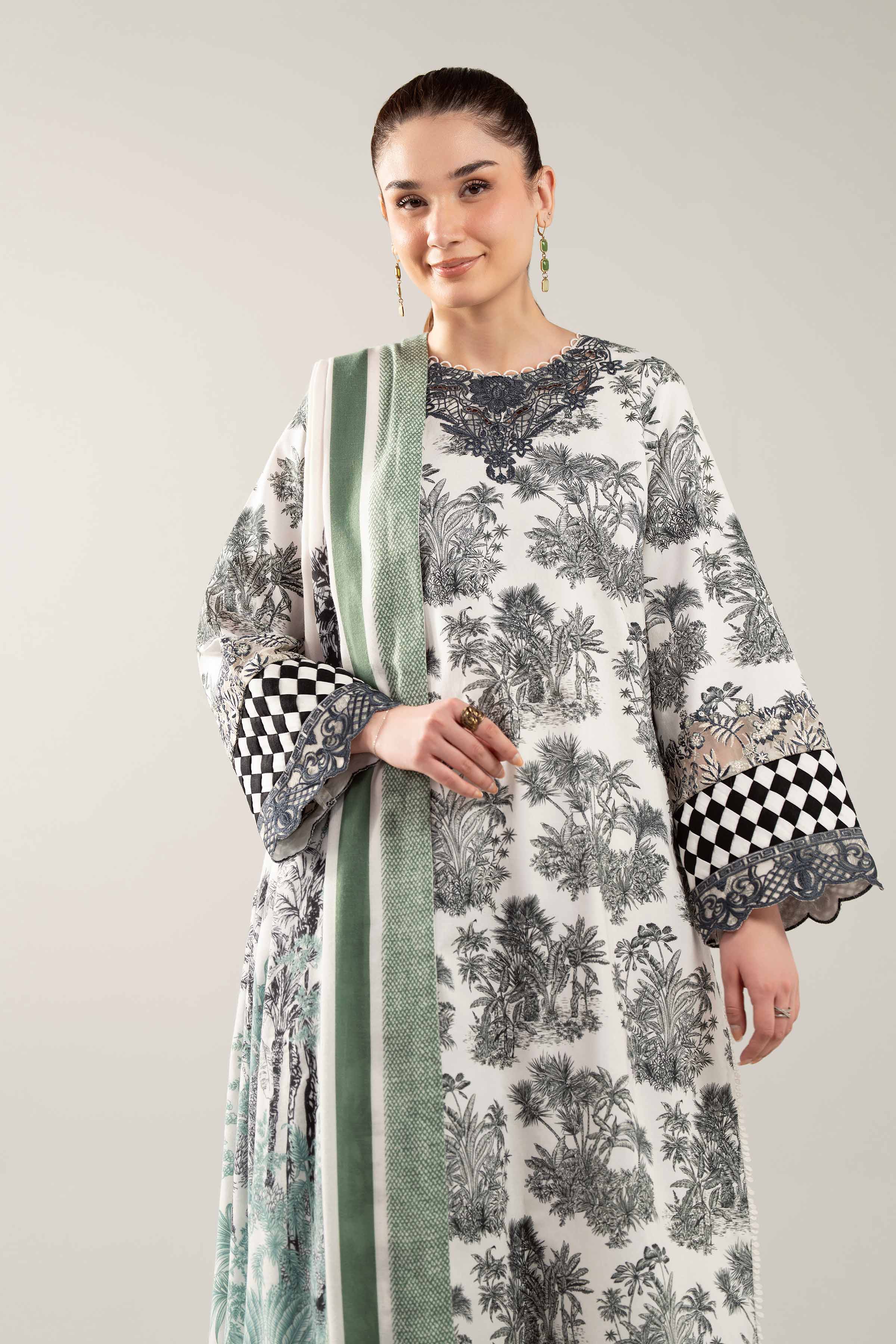 NishatUAE - Off White & Green Embroidered Cotton 3-piece Unstitched Suit