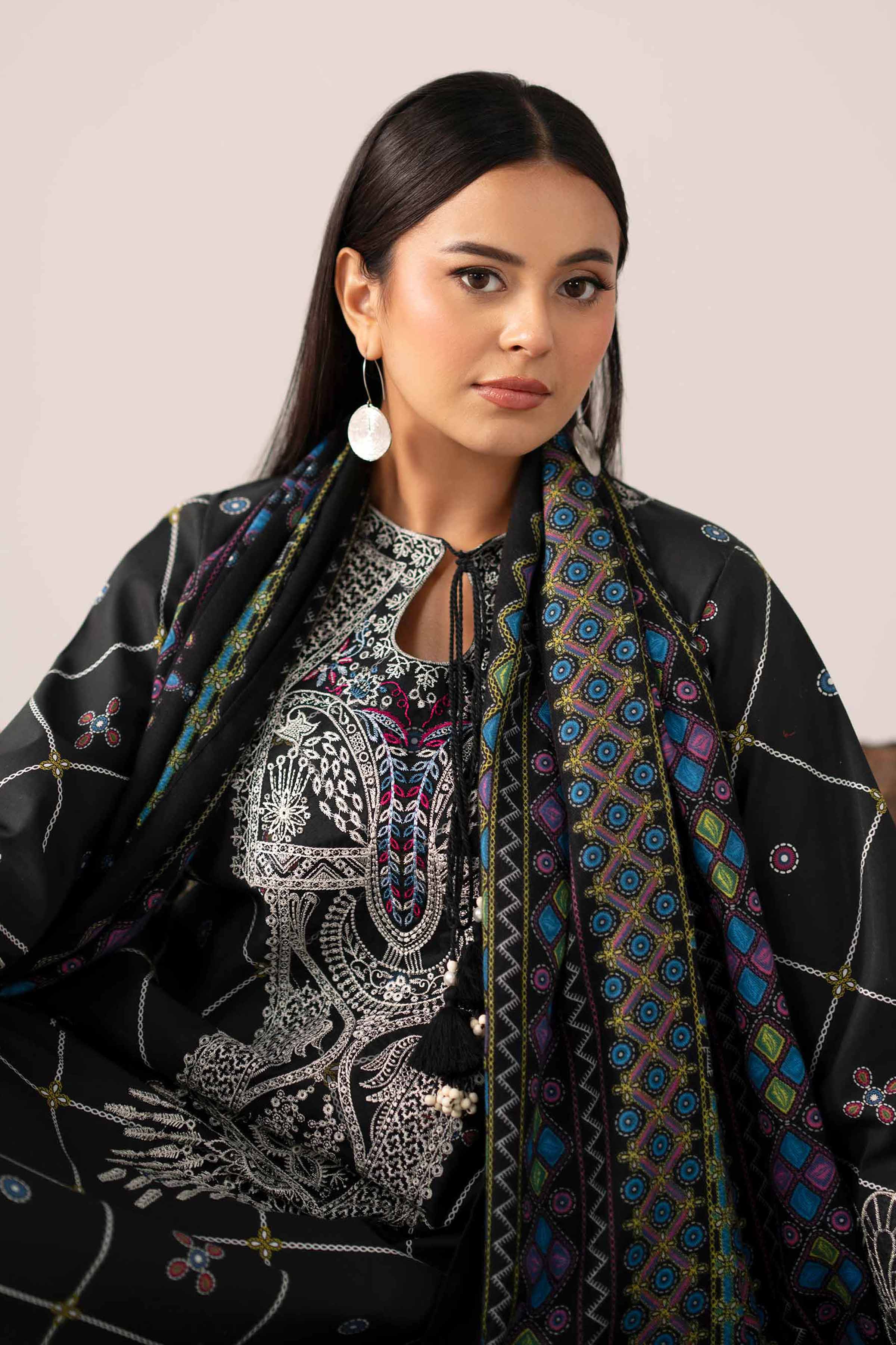 NishatUAE - Black Embroidered Cotton 3-piece Unstitched Suit