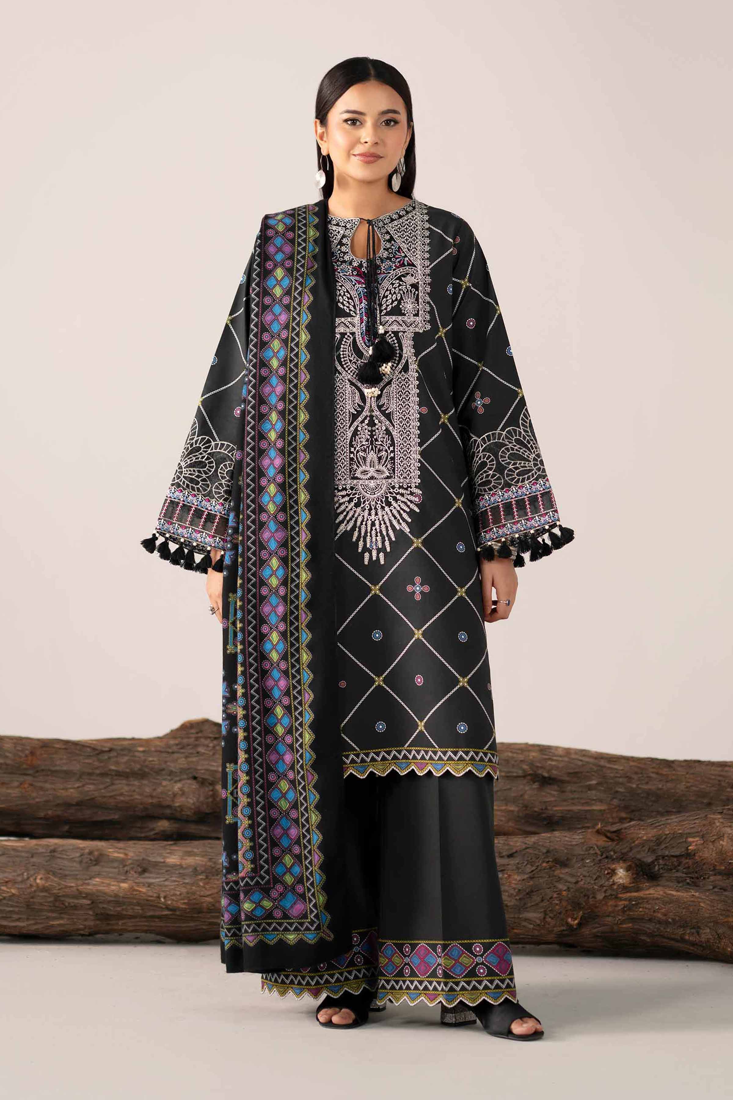 NishatUAE - Black Embroidered Cotton 3-piece Unstitched Suit