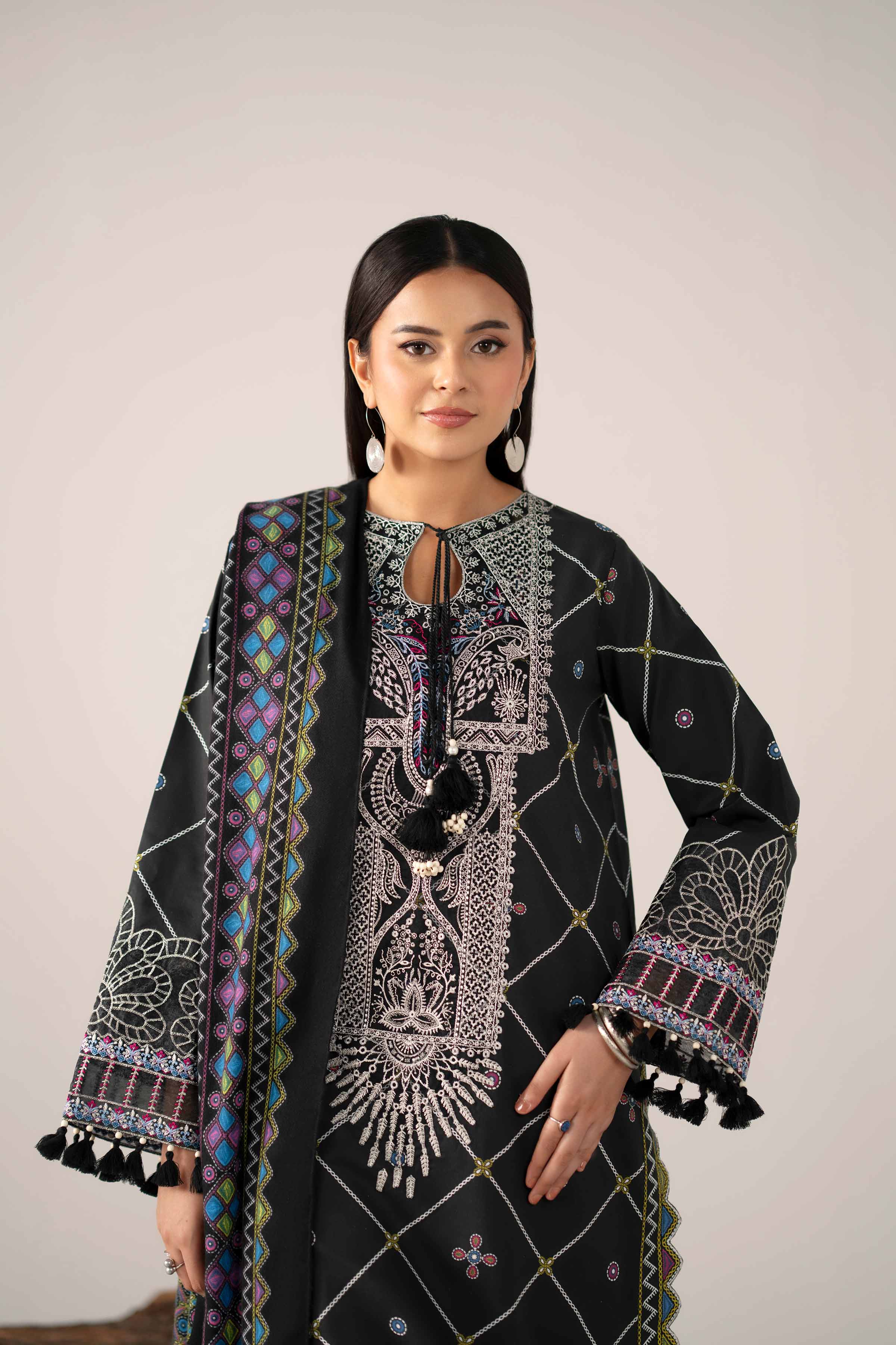 NishatUAE - Black Embroidered Cotton 3-piece Unstitched Suit