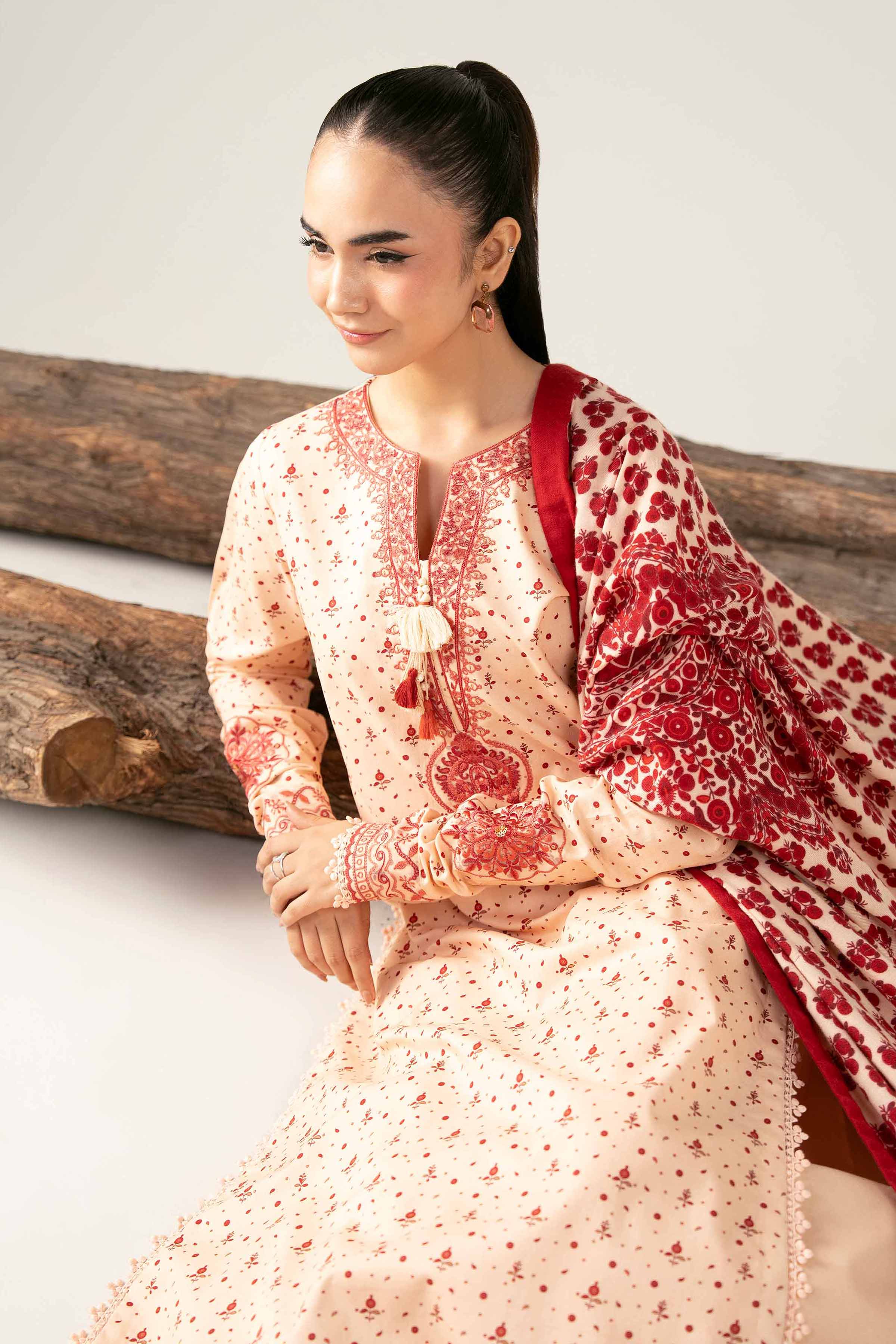 NishatUAE - Peach & Maroon Embroidered Cotton 3-piece Unstitched Suit
