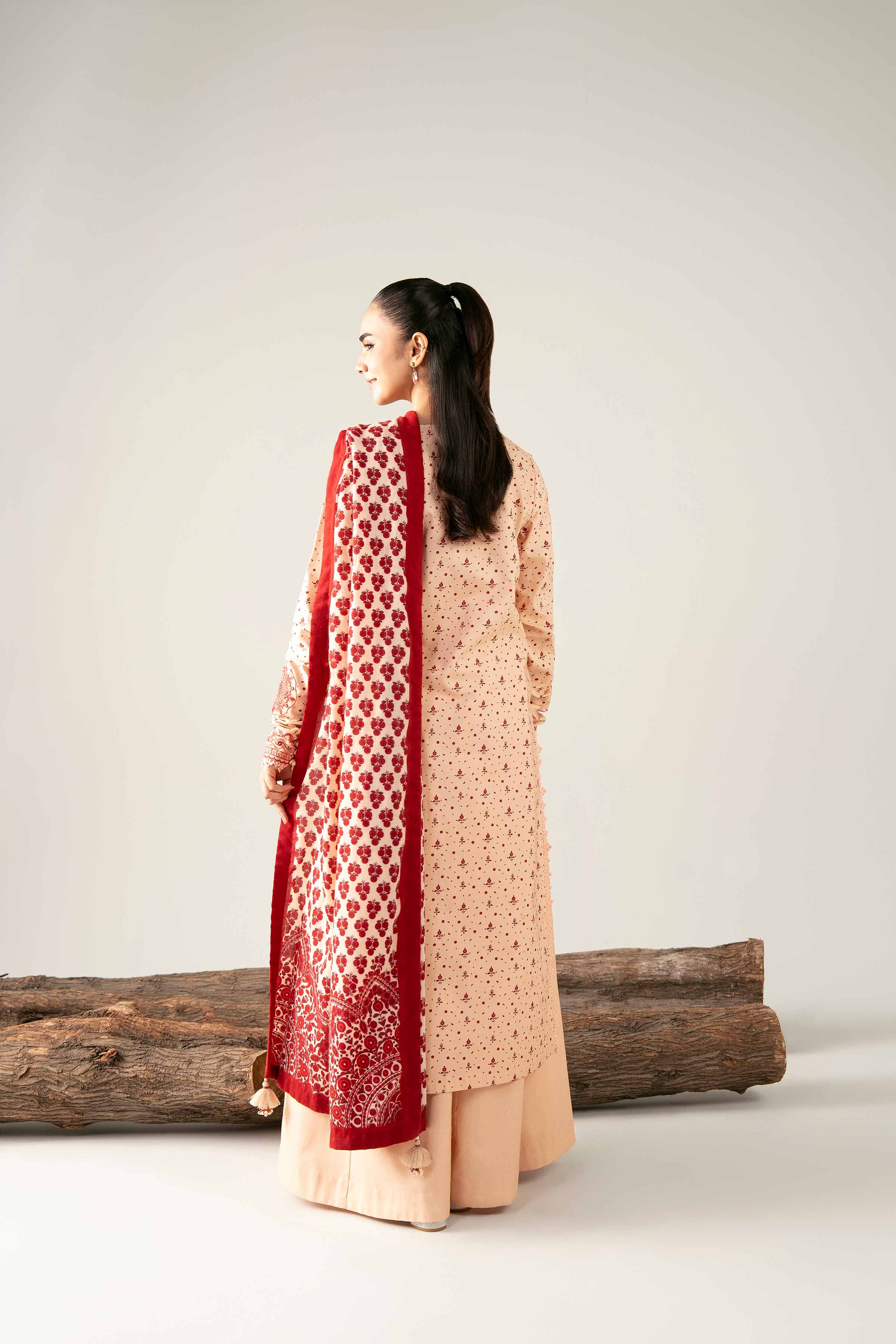 NishatUAE - Peach & Maroon Embroidered Cotton 3-piece Unstitched Suit