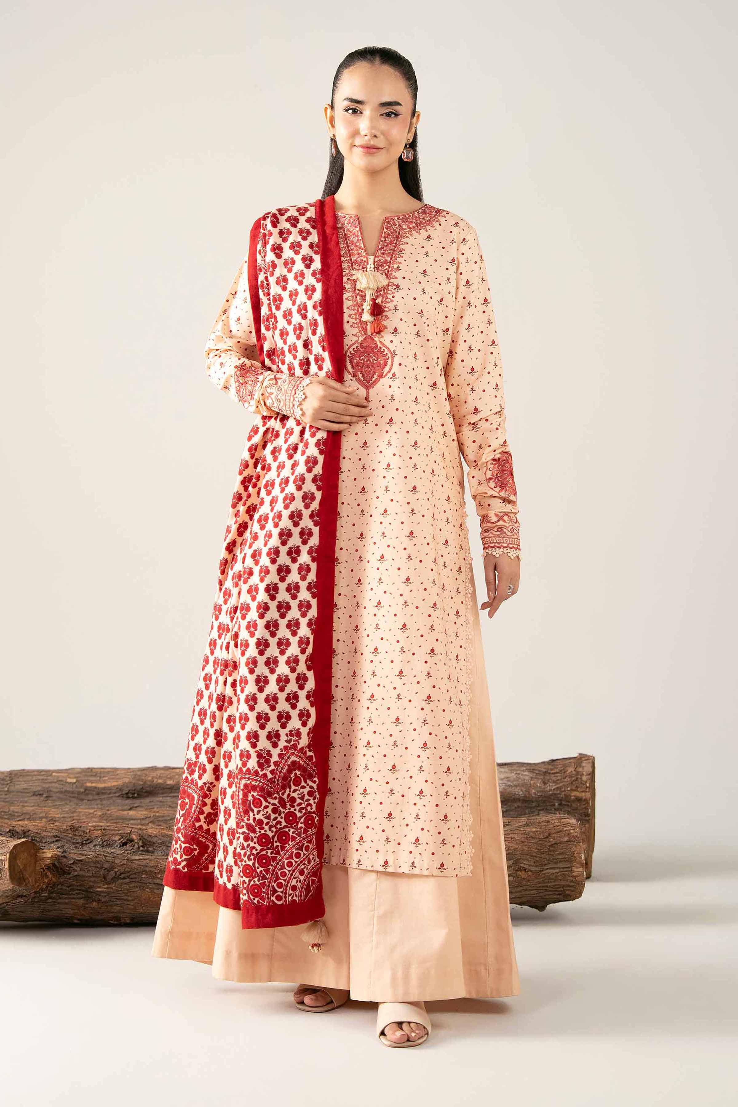 NishatUAE - Peach & Maroon Embroidered Cotton 3-piece Unstitched Suit