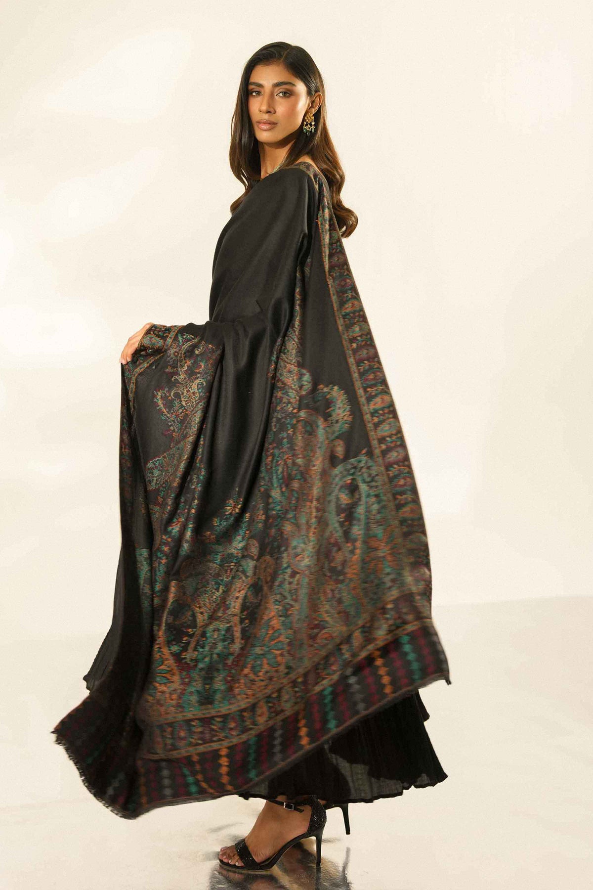 Black Embroidered Shawl in Jacquard