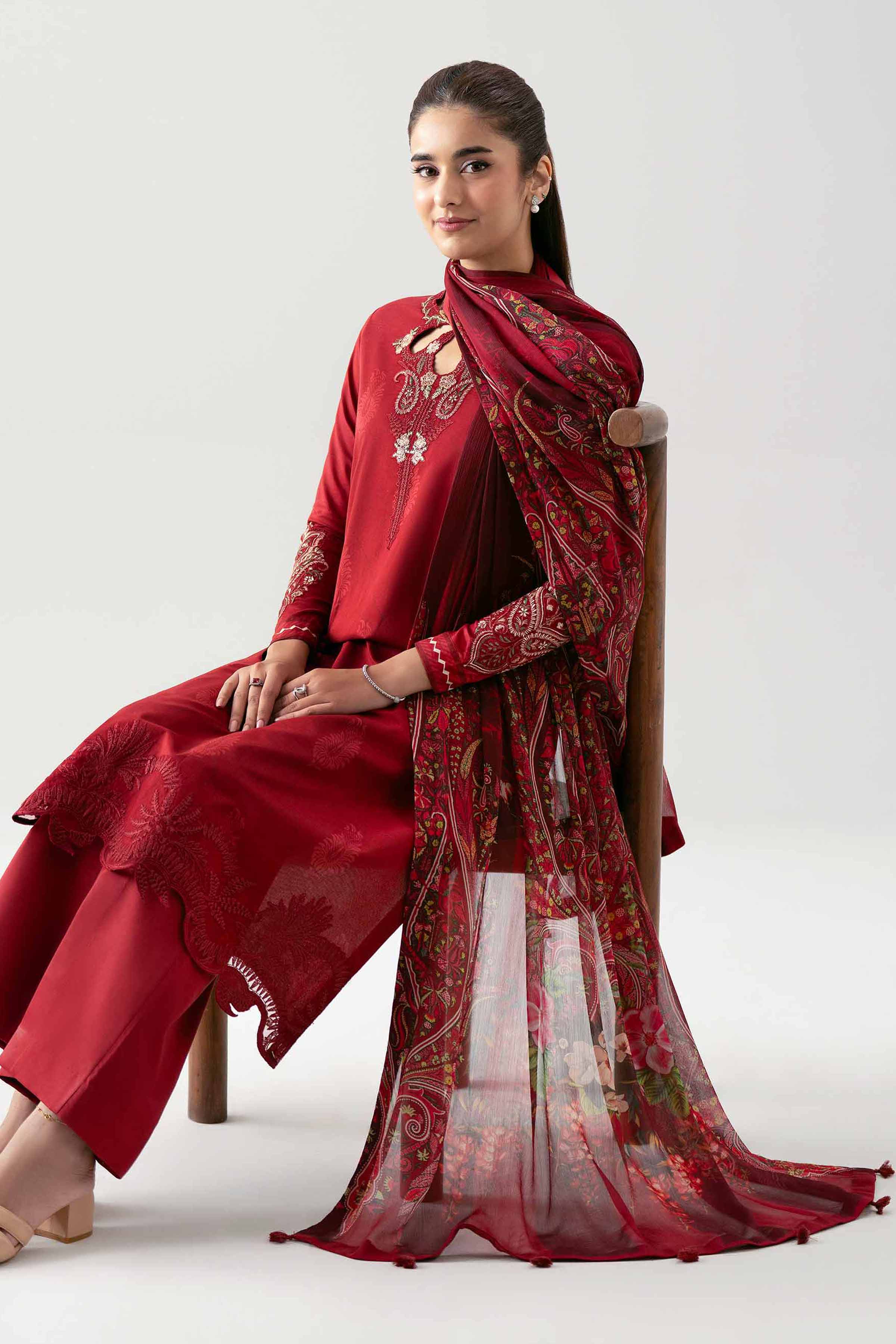 2 Piece - Digital Printed Embroidered Suit - 42601014 NishatUAE Maroon Lawn 2PC Embroidered Unstitched