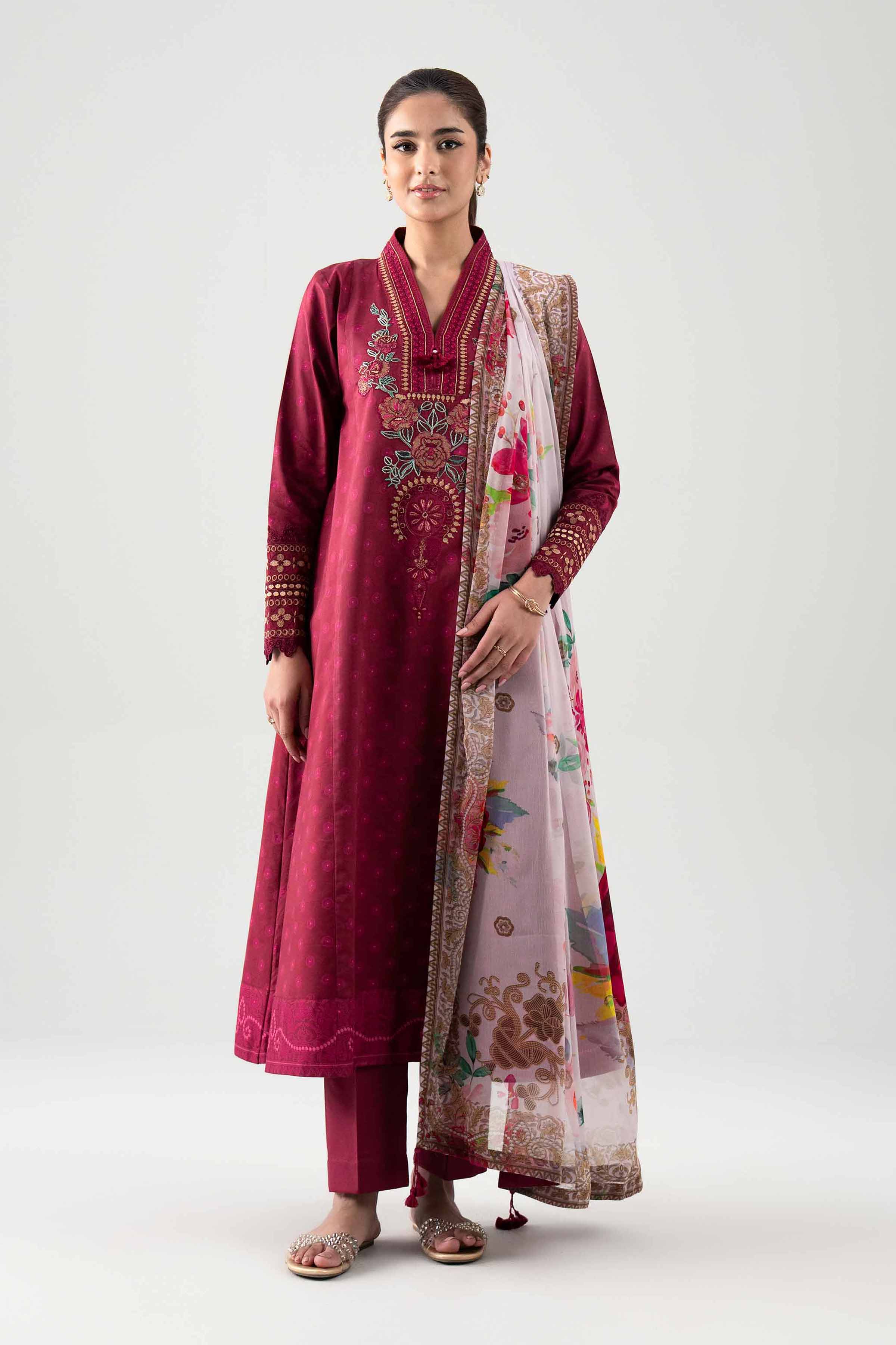 2 Piece - Digital Printed Embroidered Suit - 42601017 NishatUAE Maroon Lawn 2PC Embroidered Unstitched
