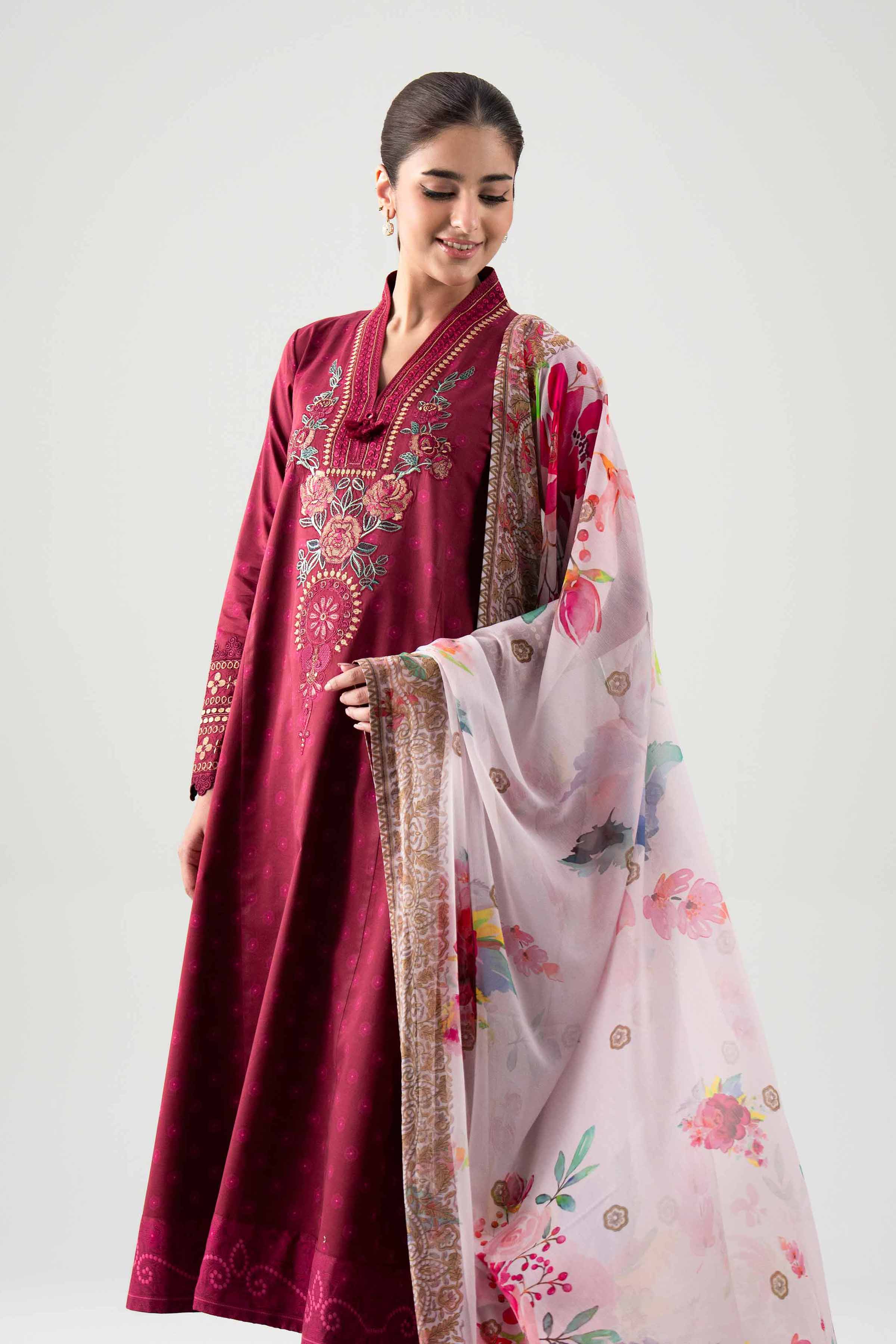 2 Piece - Digital Printed Embroidered Suit - 42601017 NishatUAE Maroon Lawn 2PC Embroidered Unstitched
