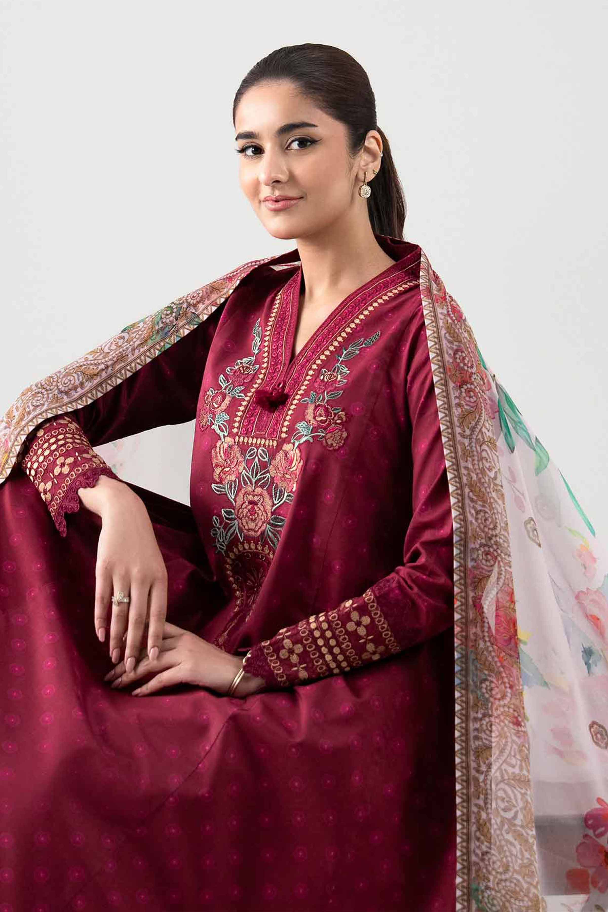 2 Piece - Digital Printed Embroidered Suit - 42601017 NishatUAE Maroon Lawn 2PC Embroidered Unstitched