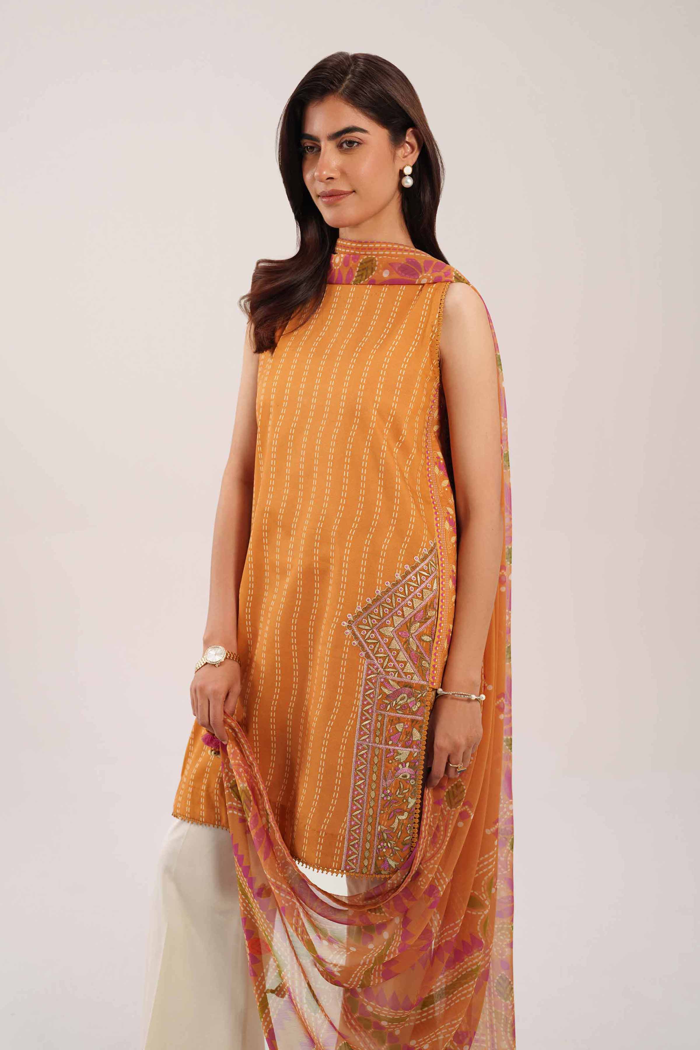 2 Piece - Digital Printed Embroidered Suit - 42601018 NishatUAE Orange Lawn 2PC Embroidered Unstitched