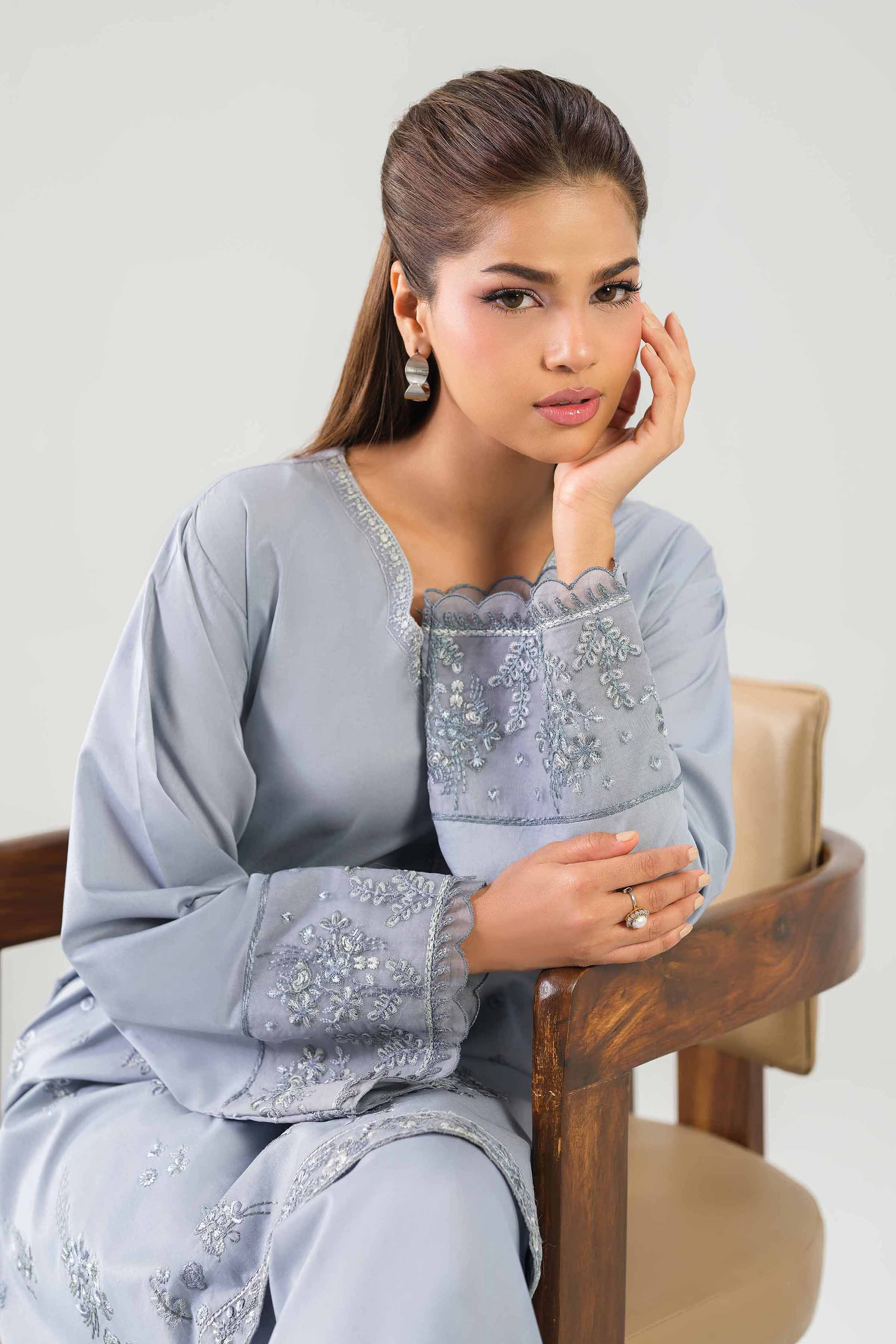 2 Piece - Embroidered Suit - 42601095 NishatUAE Grey Cambric 2PC Embroidered Unstitched