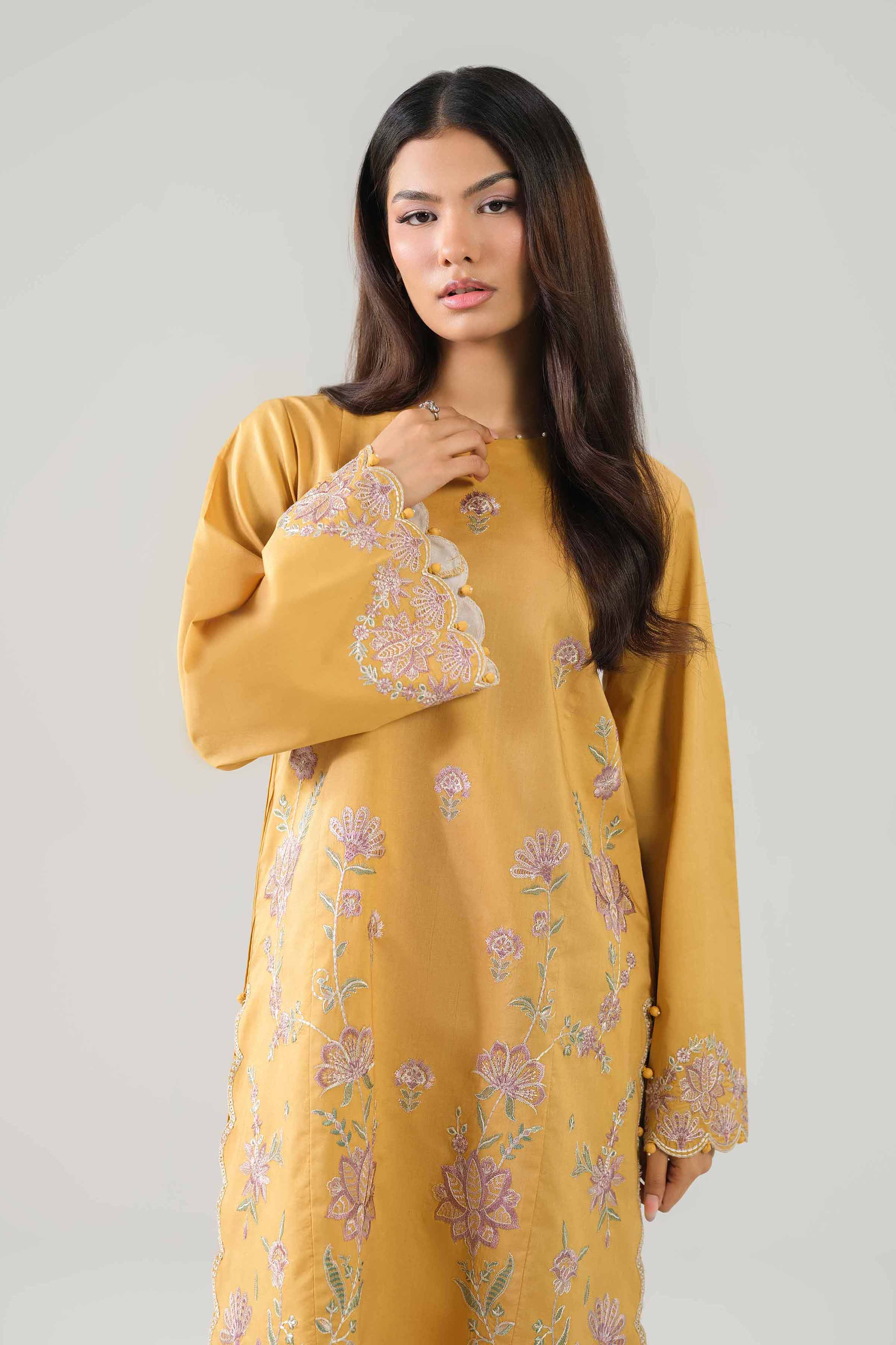 2 Piece - Embroidered Suit - 42601097 NishatUAE Yellow Cambric 2PC Embroidered Unstitched