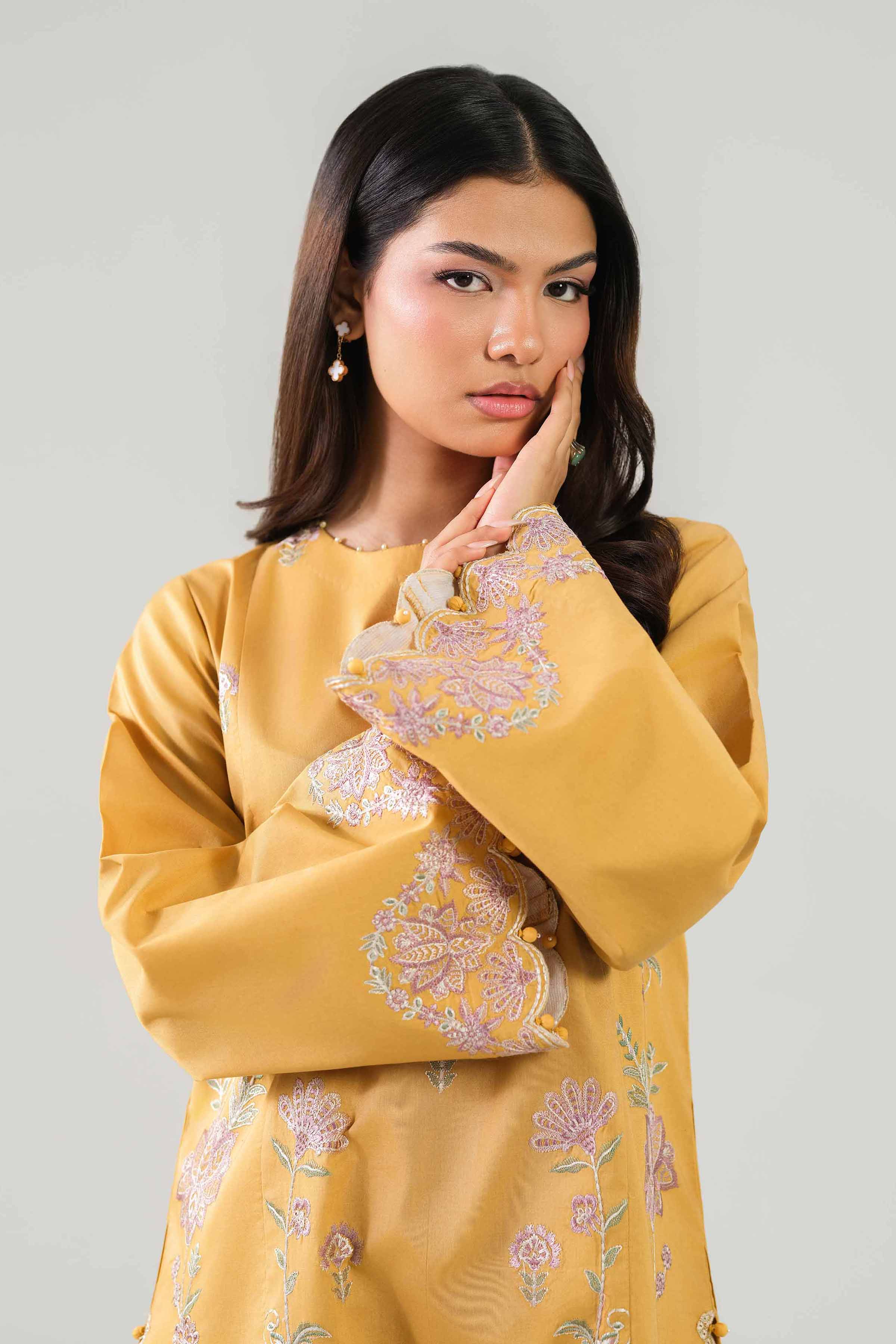2 Piece - Embroidered Suit - 42601097 NishatUAE Yellow Cambric 2PC Embroidered Unstitched