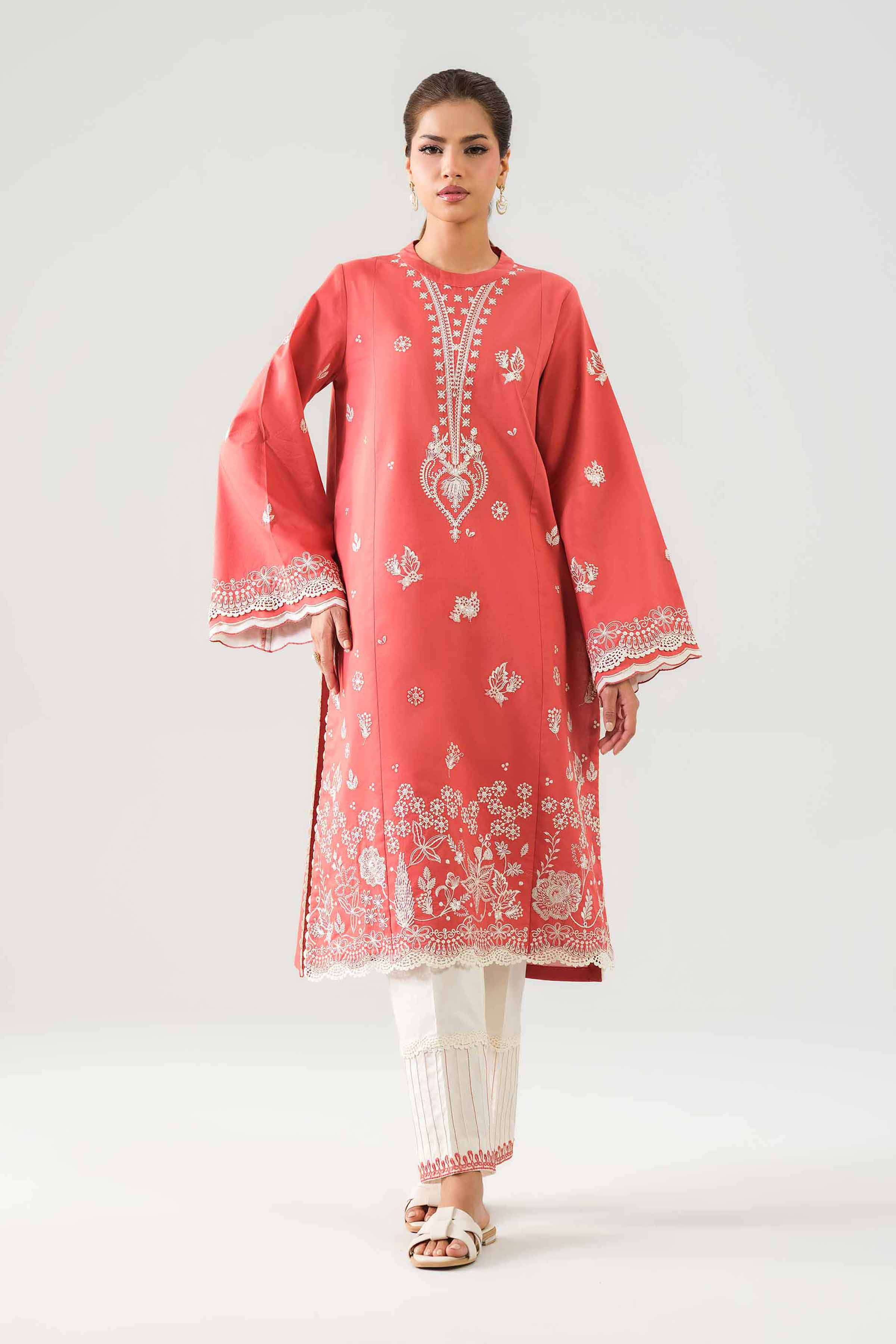 2 Piece - Embroidered Suit - 42601100 NishatUAE Orange Cambric 2PC Embroidered Unstitched