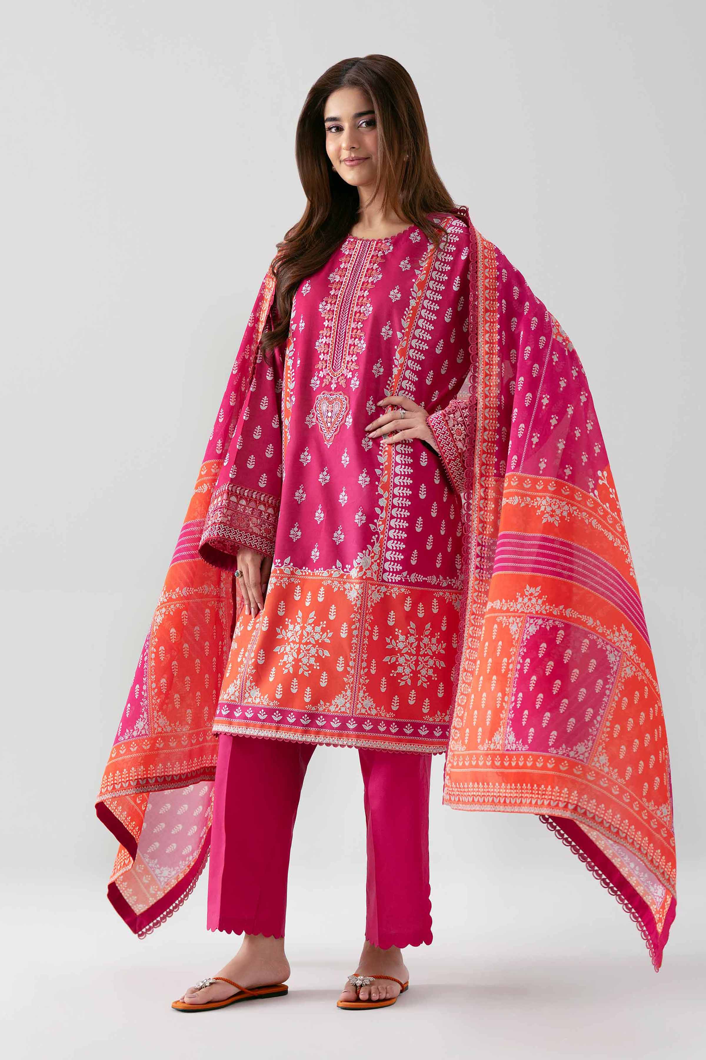3 Piece - Digital Printed Embroidered Suit - 42601101 NishatUAE Pink Lawn 3PC Embroidered Unstitched