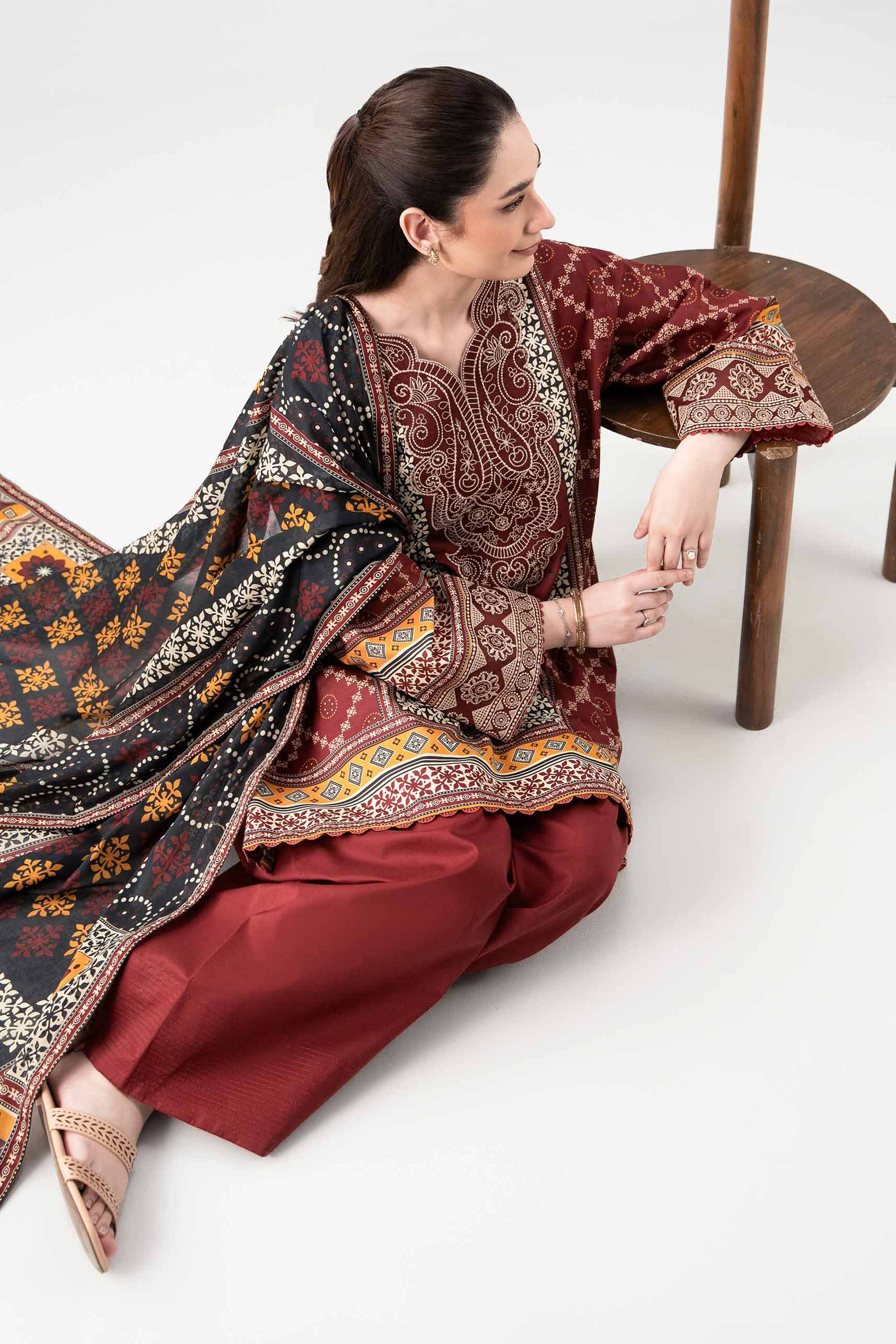 3 Piece - Digital Printed Embroidered Suit - 42601102 NishatUAE Brown Lawn 3PC Embroidered Unstitched