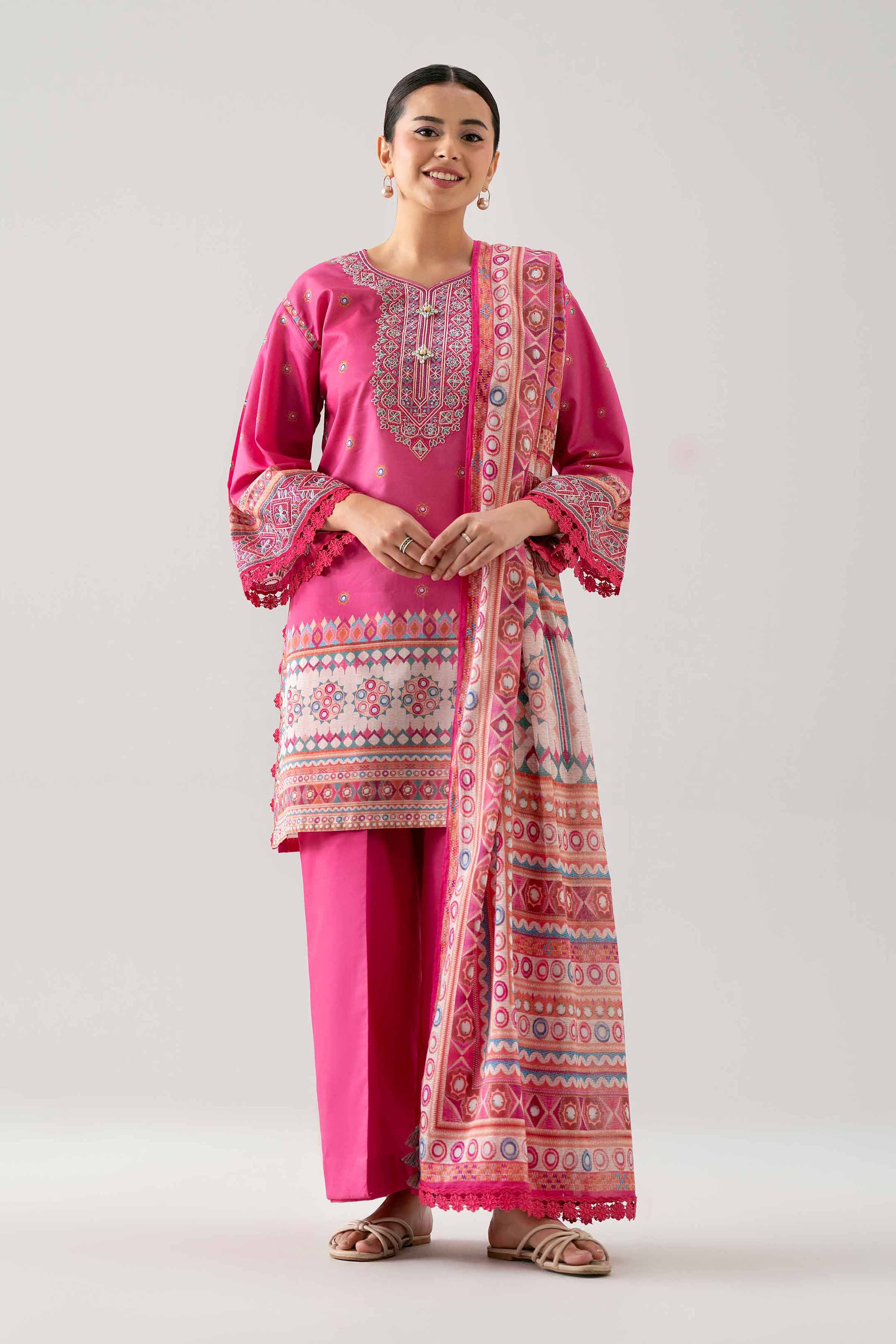 3 Piece - Digital Printed Embroidered Suit - 42601103 NishatUAE Pink Lawn 3PC Embroidered Unstitched